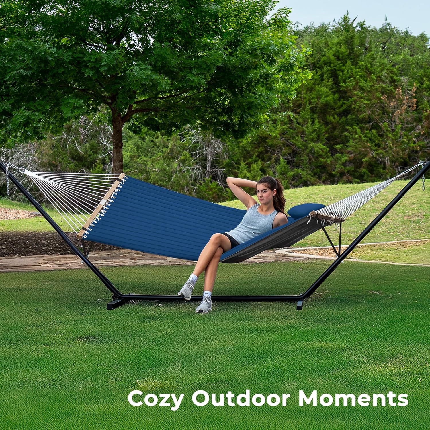 SUPERJARE Hammock with Stand, 2 Person Quilted Outdoor Hammock, Detachable Pillow & Bamboo Spreaders, Portable Hammock with Carrying Bag, Heavy Duty Stand, Perfect for Outside, Patio, Navy Blue