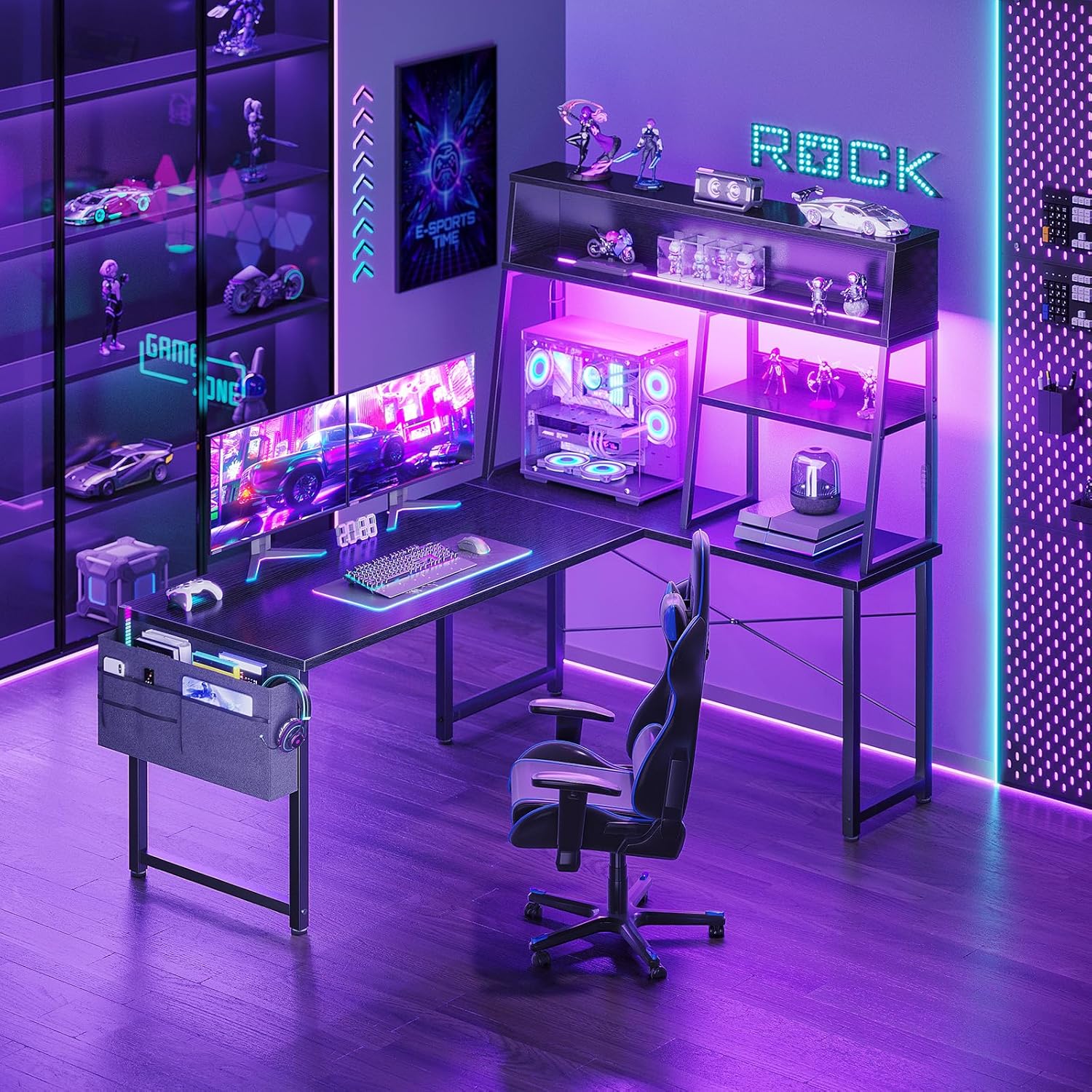 AODK L Shaped Gaming Desk with Led Lights, 51 Inch Reversible Gaming Computer Desk with Display Shelves, PC Gamer Desk Gamer Table with Storage Bag, L Desk for Game, Black