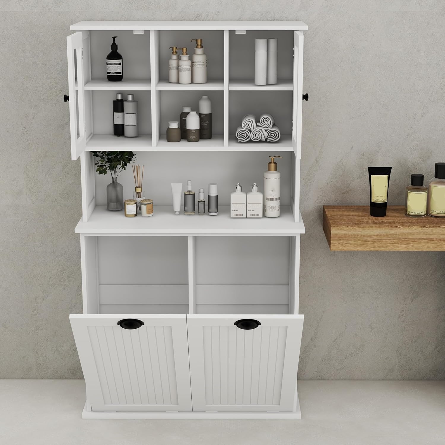 Tilt-Out Laundry Hamper Cabinet with Glass Doors – 60” Tall Bathroom Storage Organizer, 2 Pull-Out Baskets, Adjustable Shelves, Fits Bathroom & Balcony (White)