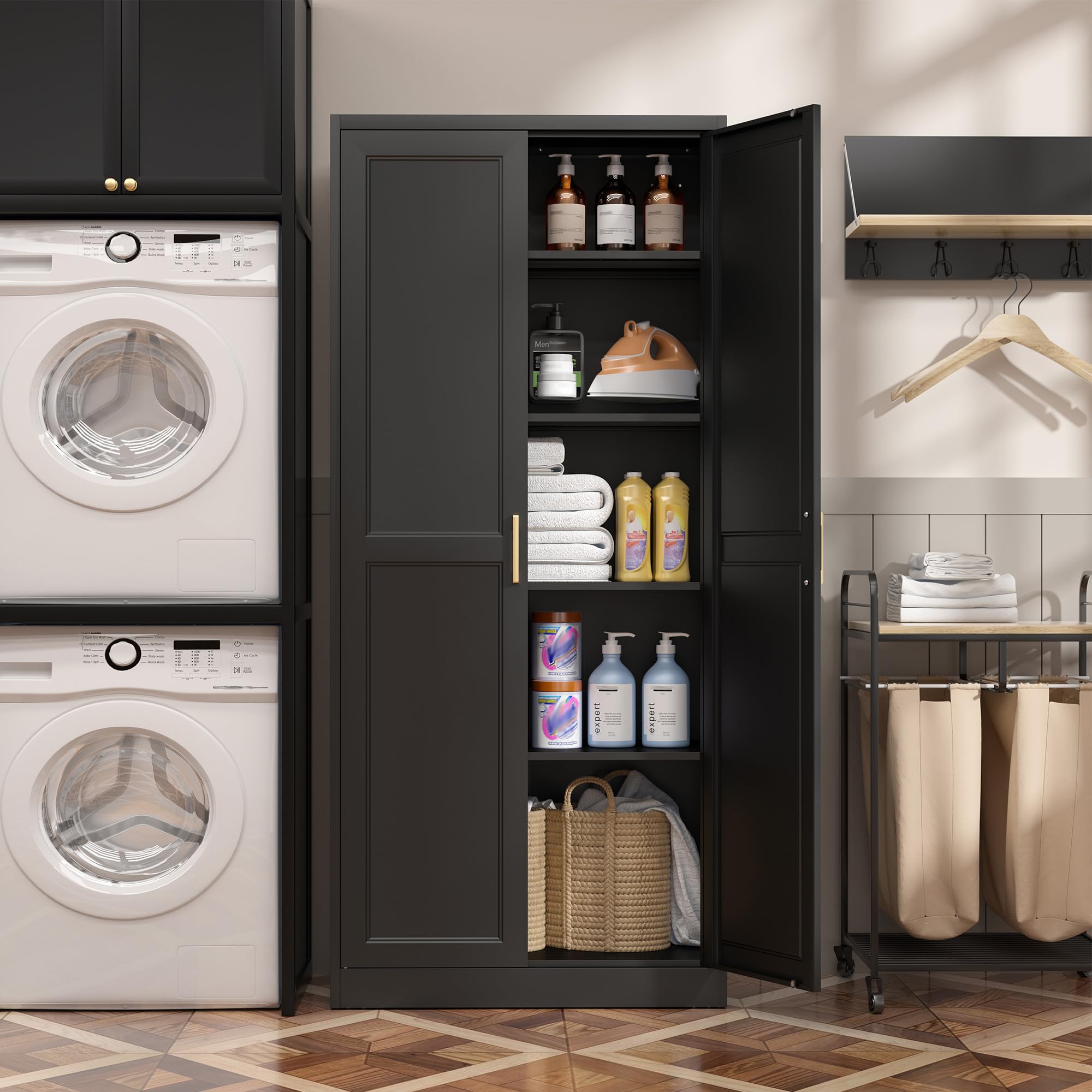 STEELOONG Black Metal Kitchen Pantry Cabinet with Adjustable Shelves