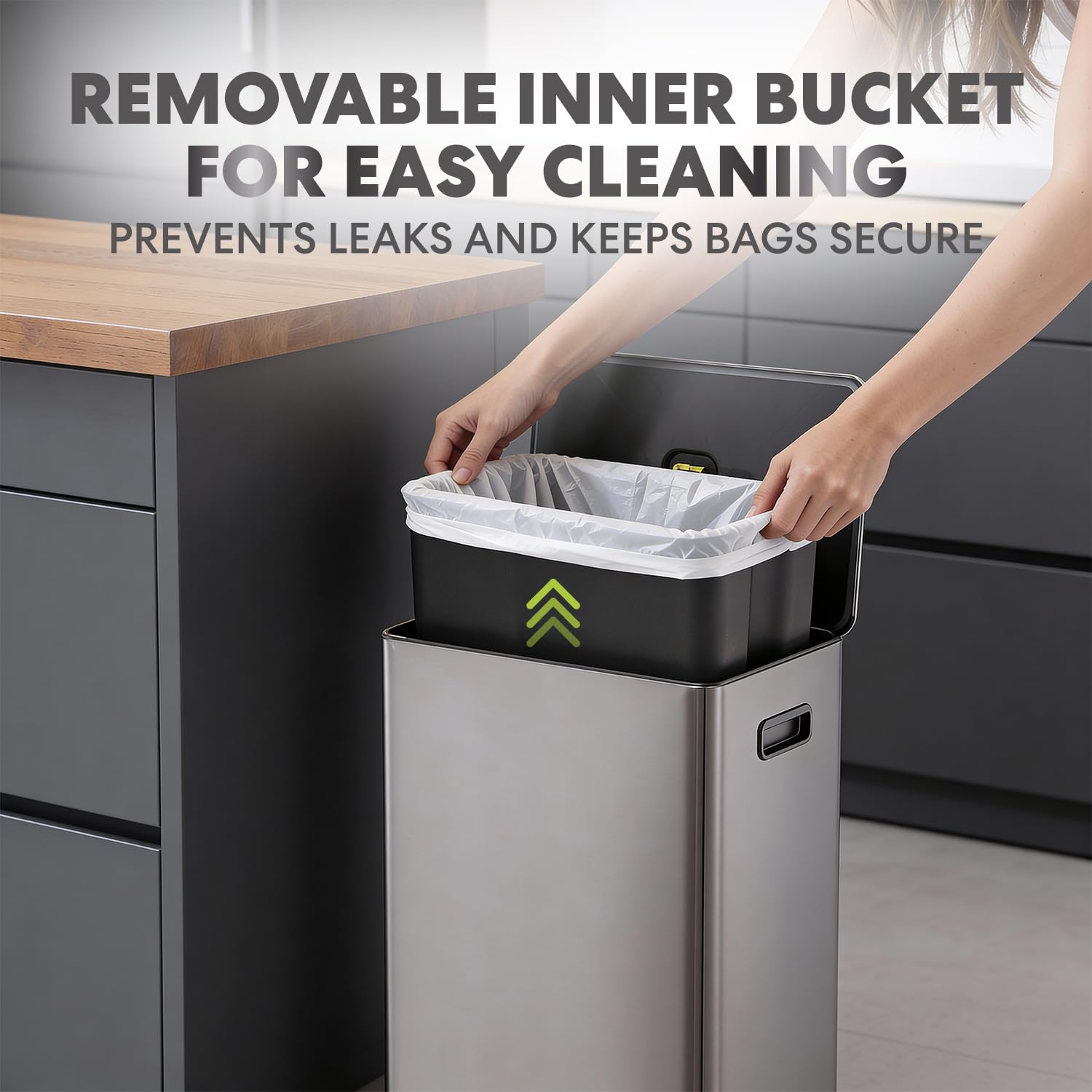 SIMPLI-Magic Infinity Edge 16 Gallon (60L) Kitchen Trash Can - Hands-Free Step Pedal, Soft-Close Lid, Stainless Steel Garbage Can with Removable Inner Bucket, Fingerprint-Resistant Finish