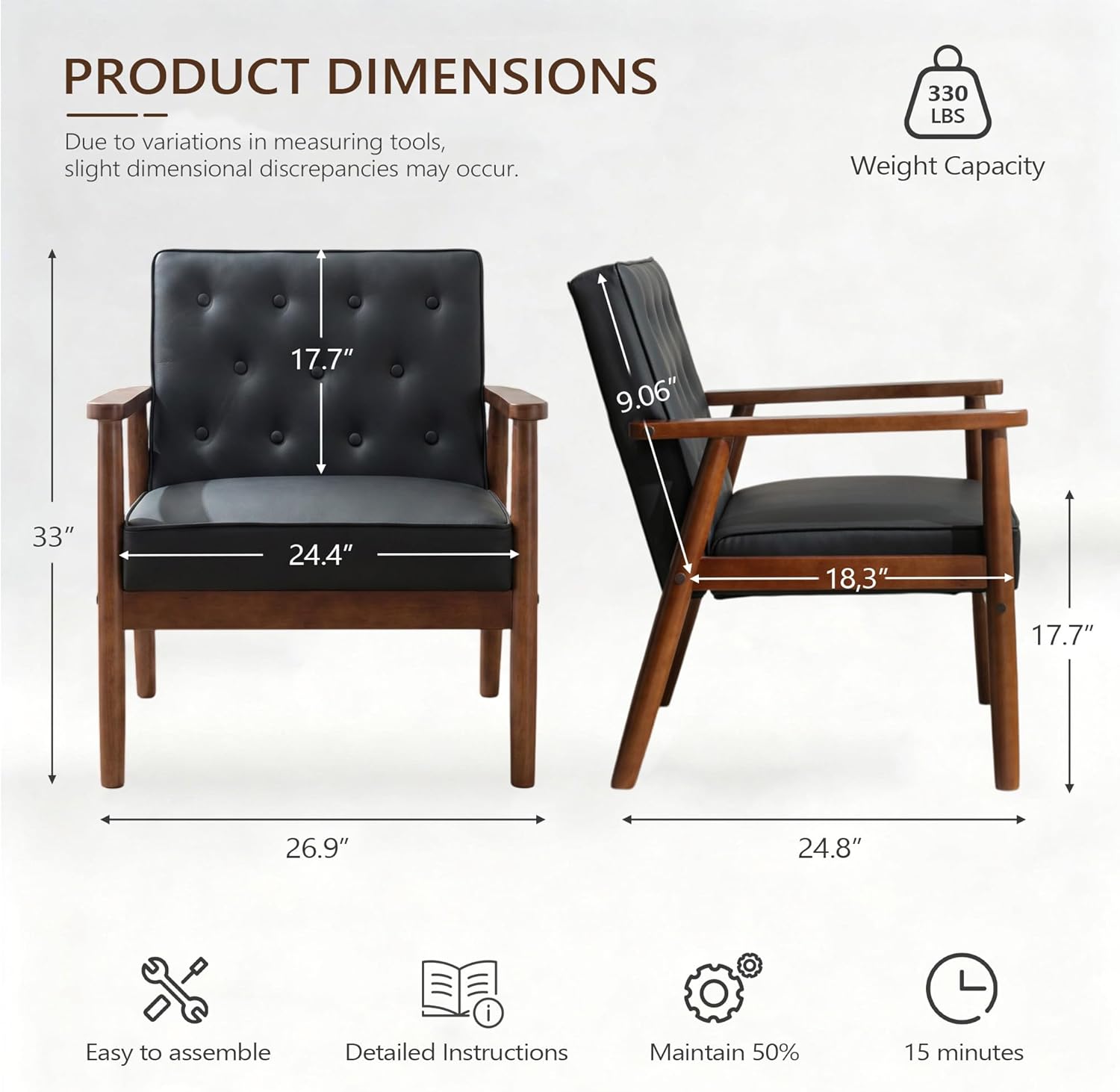 JIASTING Mid-Century Retro Modern Solid Wood Armrest Black Accent Chairs Set of 2, Faux Leather Arm Chairs for Living Room, Waiting Room Chairs (2, Black)