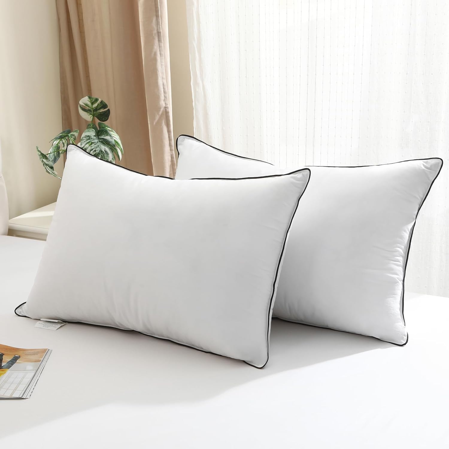 BPC Luxury Hotel Goose Feather Down Pillows Queen Size Set of 2, Medium Firm Bed Pillows for Sleeping, Organic Cotton Cover, Soft Yet Supportive Down Alternative Surround, RDS Certified, White 20