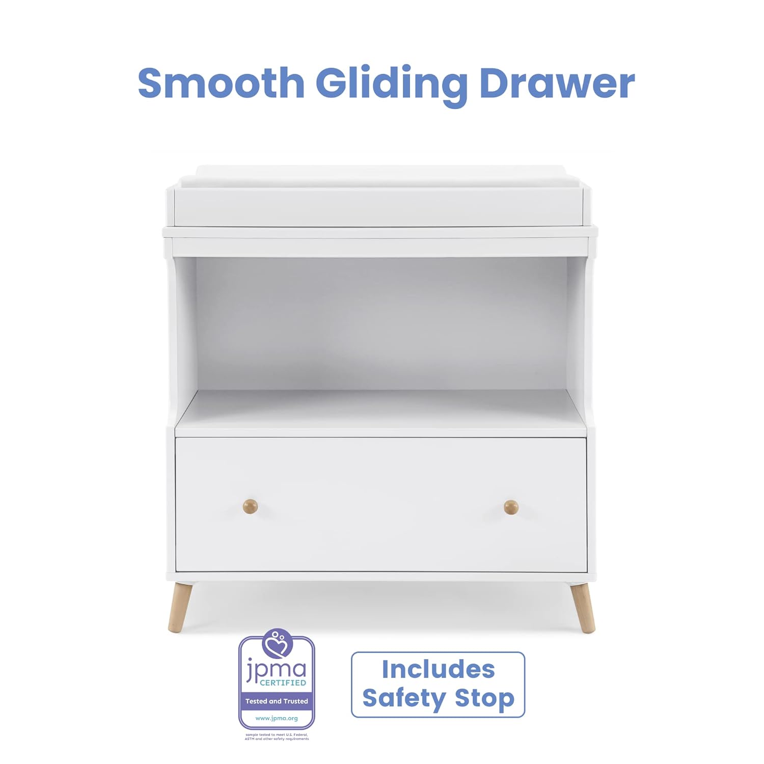 Delta Children Essex Convertible Changing Table with Drawer, Bianca White/Natural