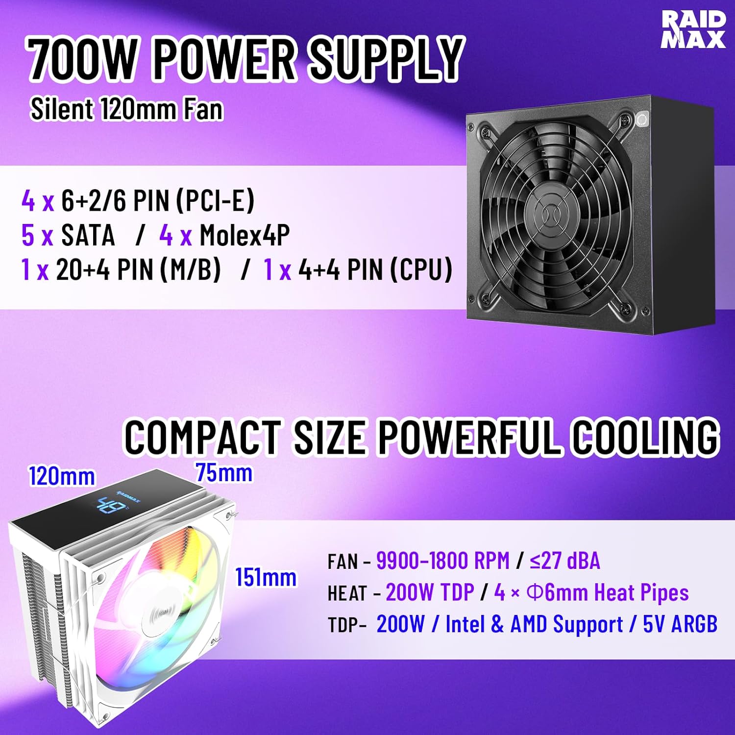 Raidmax i802 Vibe Series ATX Mid Tower Gaming Case Bundle – Tempered Glass Side Panel, Includes 700W 80+ Power Supply, AM1204 Digital Display Air Cooler, and 5 Pre-Installed FRGB Fans (White)