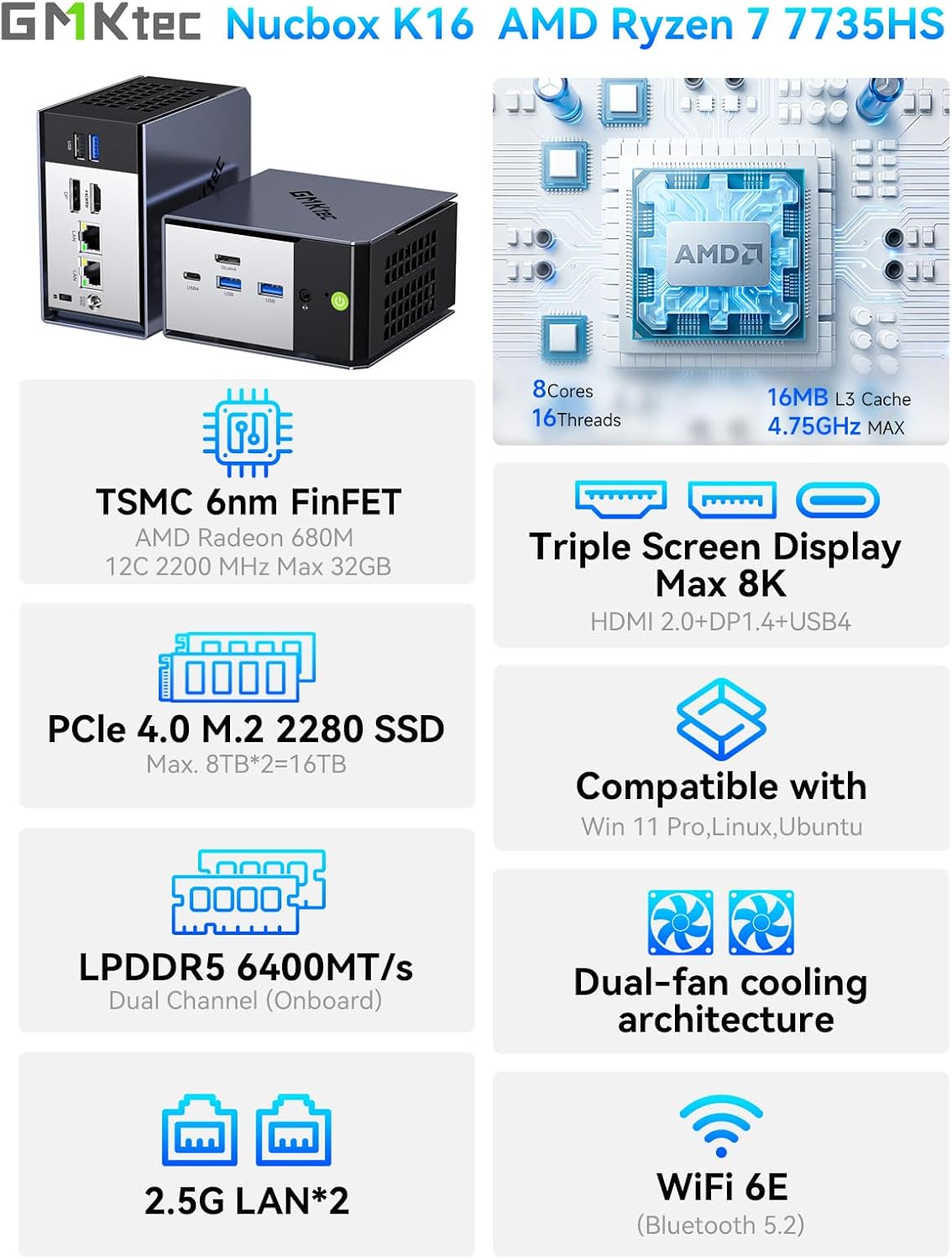 GMKtec K16 Mini PC Gaming Desktop Computer AMD Ryzen 7 7735HS (8C/16T 4.75Ghz) 32GB LPDDR5 6400MT/s RAM + 512GB Hard Drive SSD, Dual NIC LAN 2.5GbE, Oculink, USB4, HDMI, USB-C