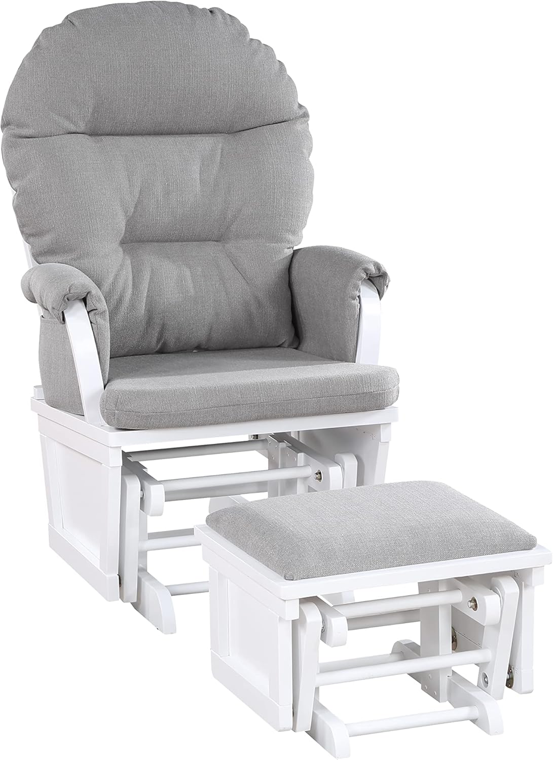 Modern Glider Chair & Ottoman: Solid Wood Frame with Polyester Upholstery - Soft Cushion & Storage Armrests for Kids Room - White/Grey Nursery Rocking Chair Set