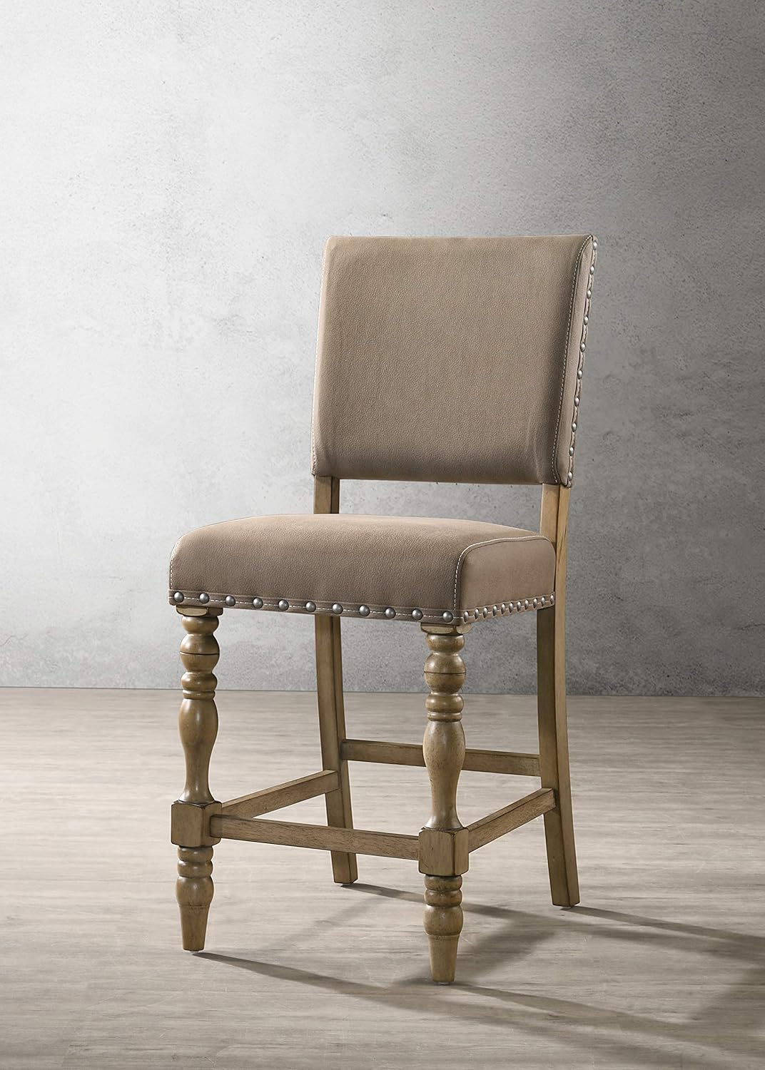Roundhill Furniture Birmingham Script Printed Driftwood Finish Counter Height Dining Chair with Nail Head, Set of 2