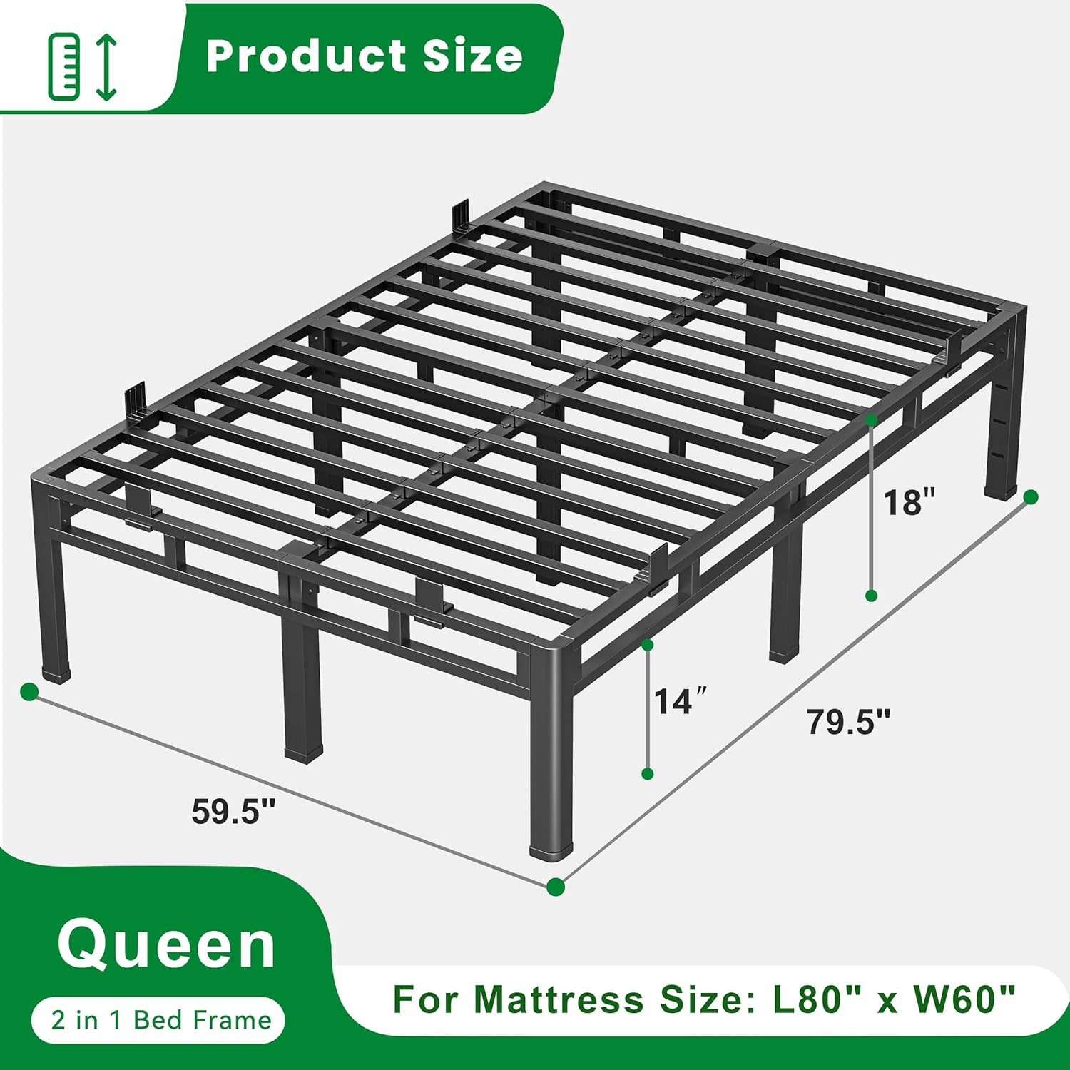 ROIL 18 Inch Queen Bed Frame, Double Layer Metal Bed Frame with Round Corner Legs, 4000LBS Bed Frame & Box Spring 2 in 1 Platform with Headboard Holes Mattress Baffles, Noise-Free Easy Assembly