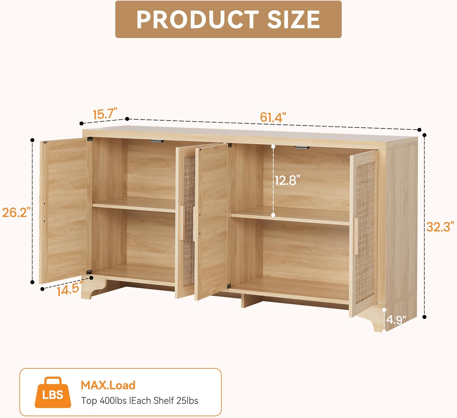 GarveeHome 4-Door Sideboard Buffet Cabinet, Natural Rattan Storage Cabinet, Boho Entryway Console Table, Coffee Bar Station for Dinning Room, Living Room, Kitchen