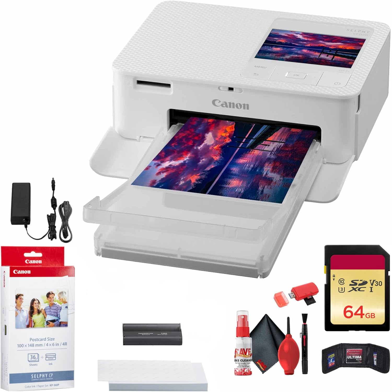 Canon SELPHY CP1500 Compact Photo Printer (White) (5540C002) KP-36IP Color Ink and Paper Set + 64GB Memory Card + Cleaning Kit + Memory Card Wallet + Card Reader