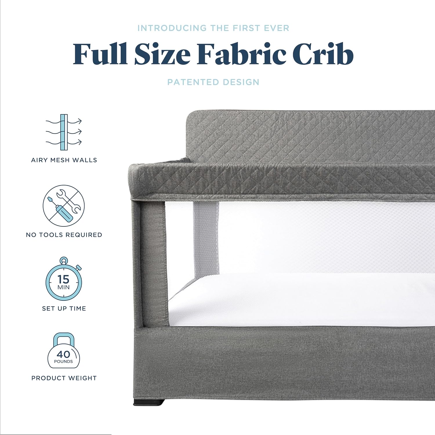 Baby Delight Lunaire Full Size Crib | Breathable Mesh Baby Crib | Tool-Free Assembly Baby Bed | Charcoal Tweed