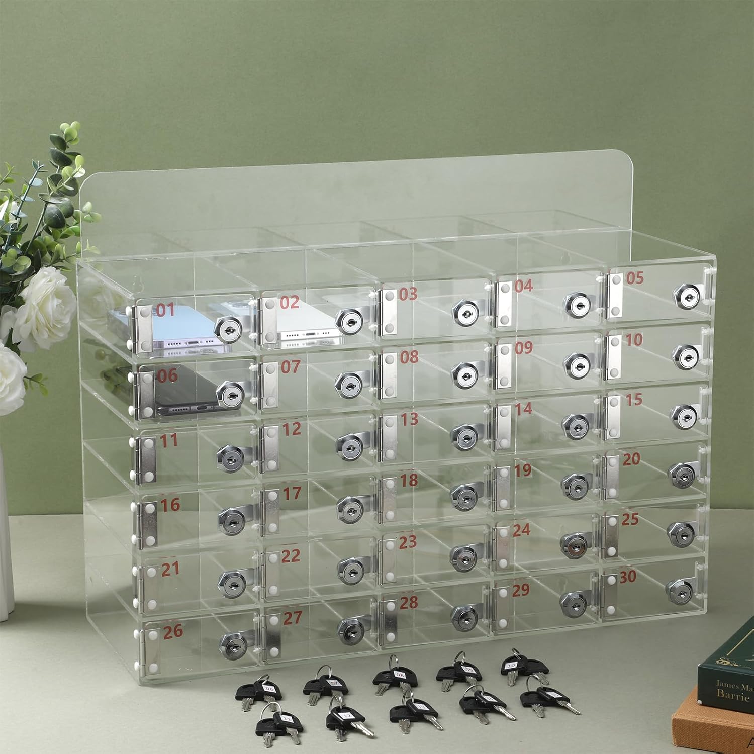 Threan 30 Slot Cell Phone Storage Box, Clear Cell Phone Storage Cabinet Wall Mounted, Including Door Locks and Keys for Office School Factory Classroom Students Staff