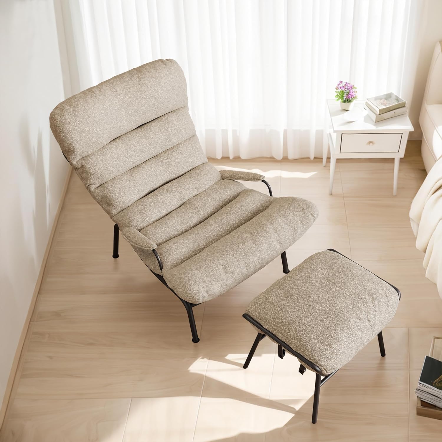 HOOOWOOO MCM Living Room Rocking Accent Chair with Ottoman Set,Office Lazy Lounge Glider Chair and Ottoman Set,Comfy Chair for Living Room Bedroom Office(Cloud Velvet Beige)