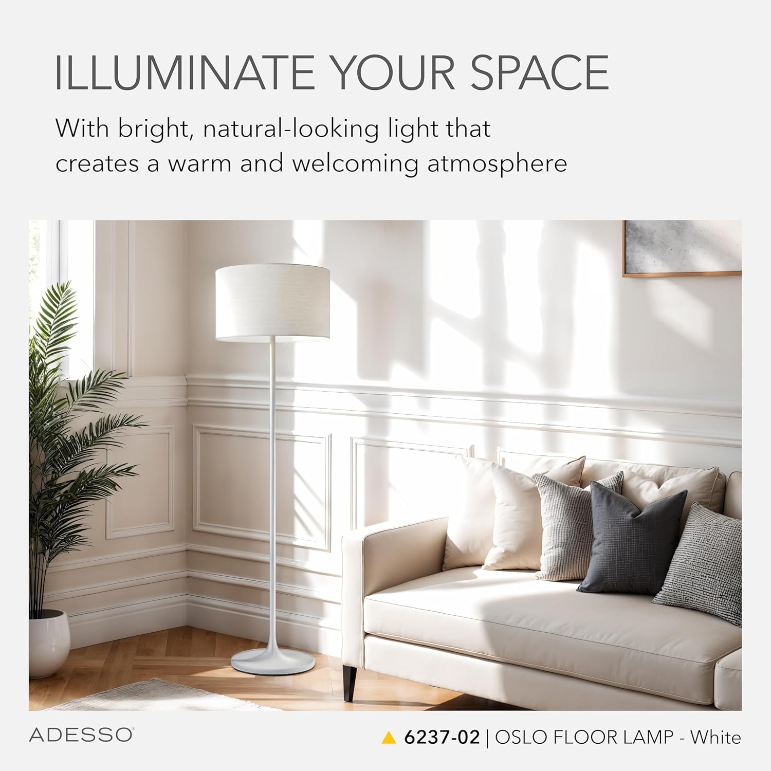 Adesso Floor Lamp with Scratch Proof and Corrosion Resistant Body - Perfect Lighting for Bedroom, Living Room and Corner Decor, Matte White