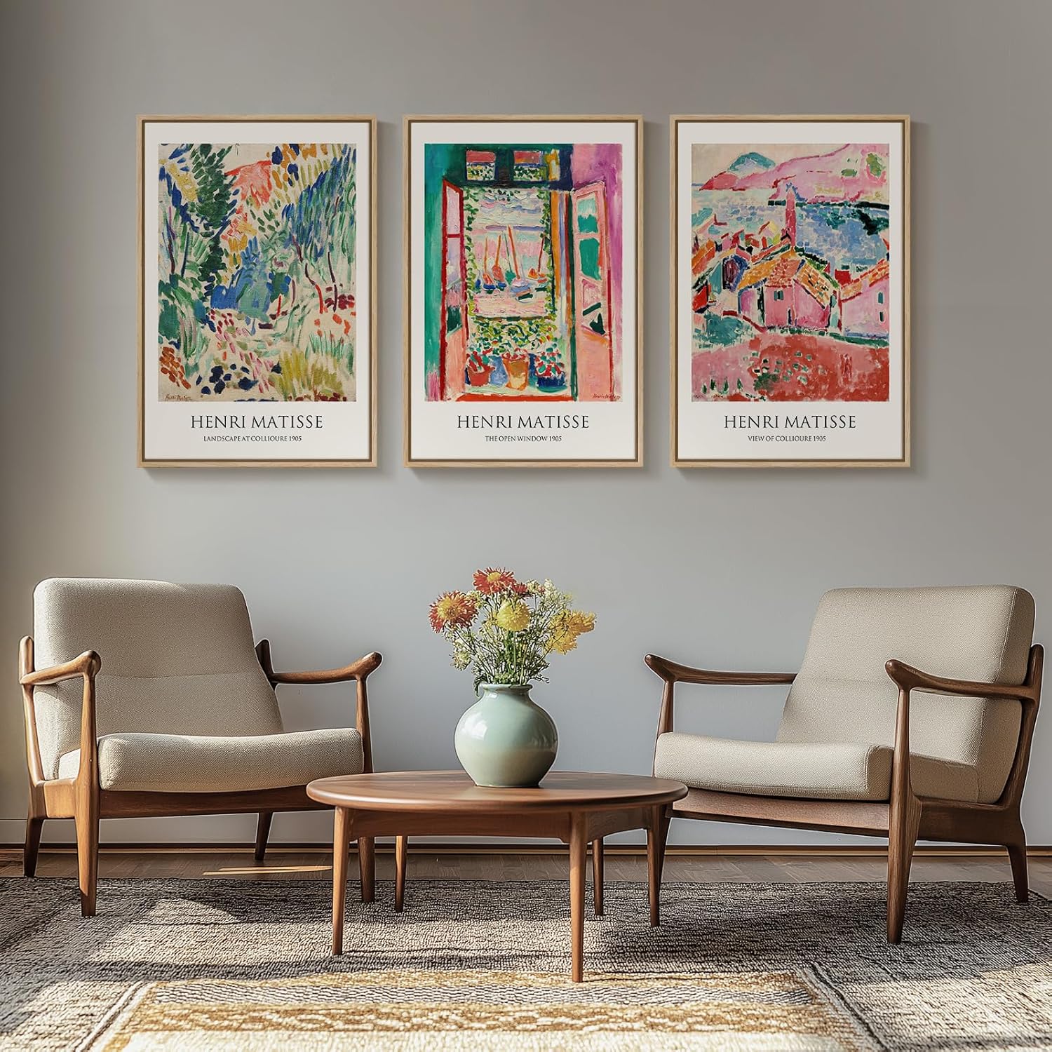 Large Framed Matisse Wall Art for Living room, 3 Piece Colorful Abstract Canvas Artwork for Walls, Retro Vintage Big Matisse Famous Landscape Paintings Prints Pictures for Hallway Home Office 24x36