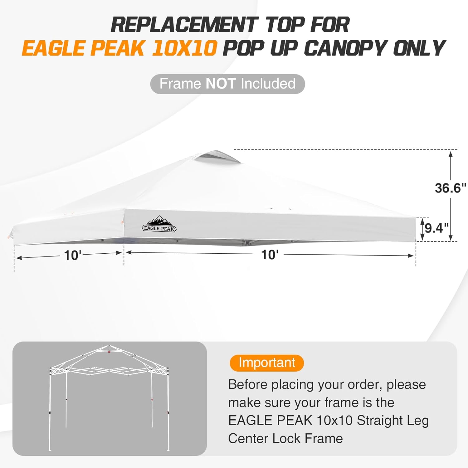 EAGLE PEAK Replacement Canopy Top for Eagle Peak 10x10 Straight Leg Pop Up Canopy Frame Only, Canopy Cover with Air Vent, UPF 50+, Frame NOT Included, White