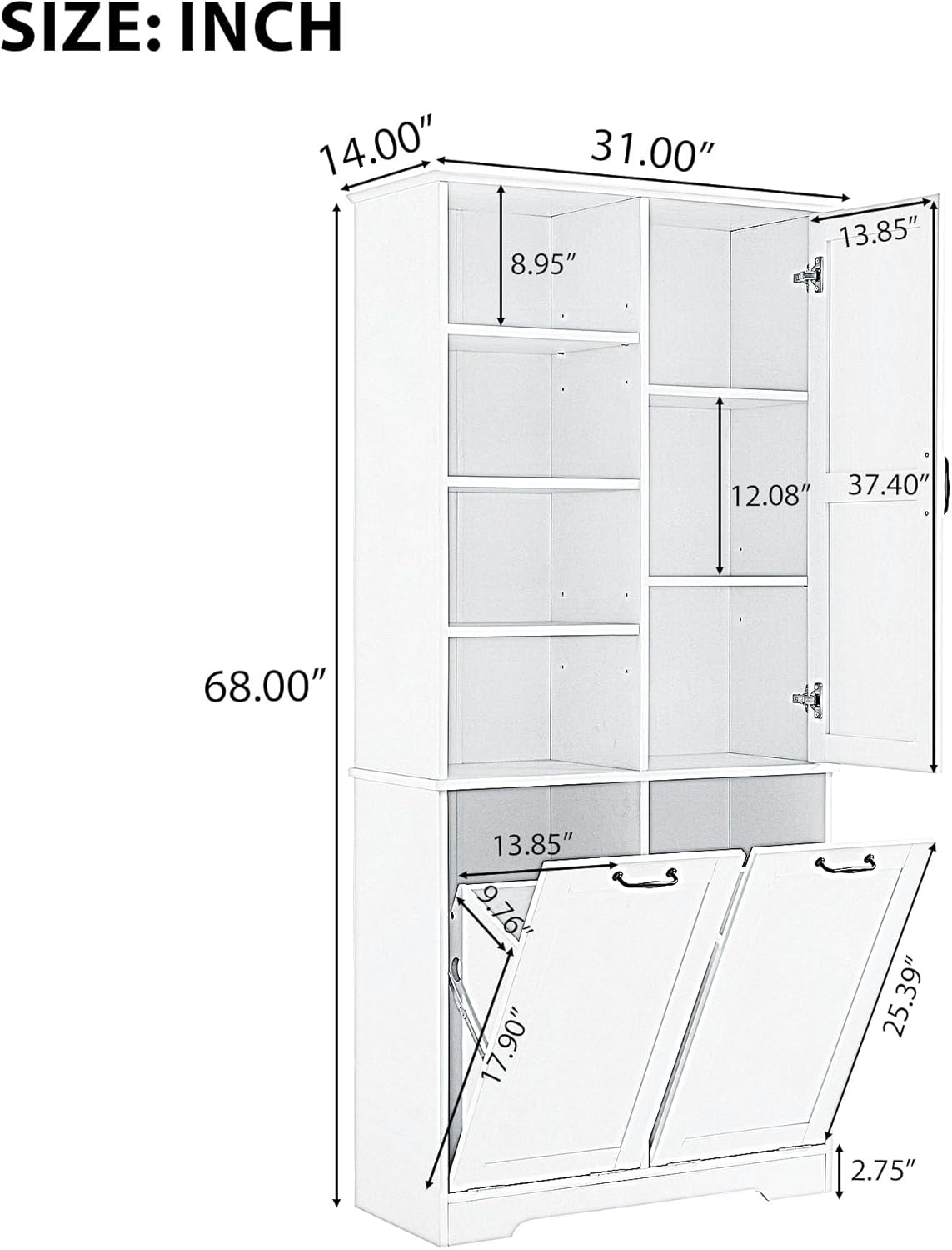 Merax Tall Storage Cabinet with Door and Shelves, Bathroom Storage with 2 Tip-Out Laundry Hamper and Adjustable Shelf, Oak