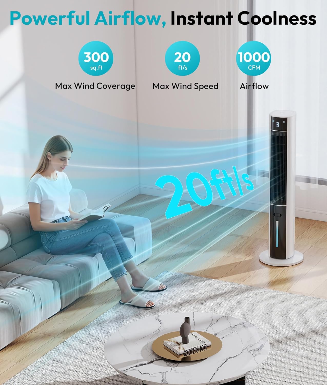 Evaporative Air Cooler - Swamp Cooler with 3L Water Tank, 3 Modes & 3 Speeds, Remote Control, 12H Timer, 50° Oscillating Portable Bladeless Cooling Tower Fan For Room Bedroom Office Mother's Day
