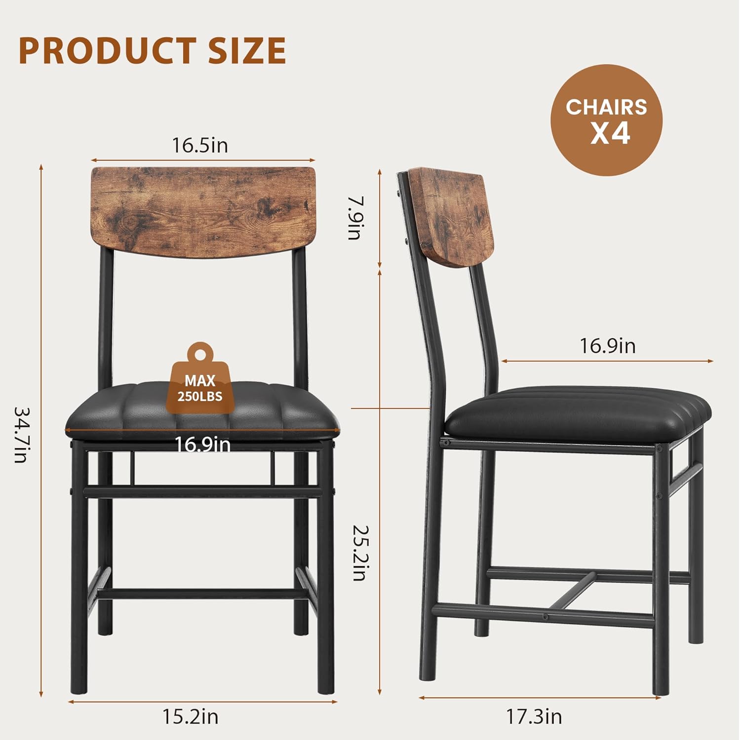 Jocoevol Industrial Dining Chairs Set of 6 - Upholstered Dining Room Chairs with PU Leather, Kitchen Chairs with Wooden Backrest and Thickened Metal Legs, for Dining Room, Living Room (6) (Brown)
