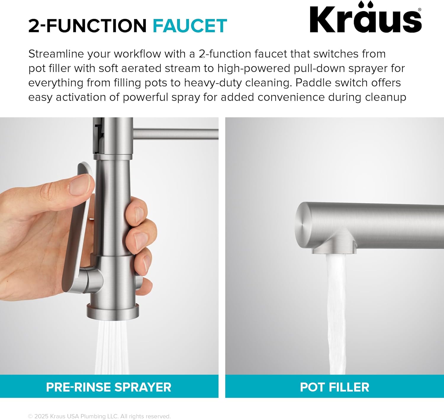 KRAUS Artec Pro Commercial Style 2-Function Single Handle Pull Down Kitchen Faucet with Pot Filler in Spot-Free Stainless Steel/Matte Black, KPF-1605SFSMB