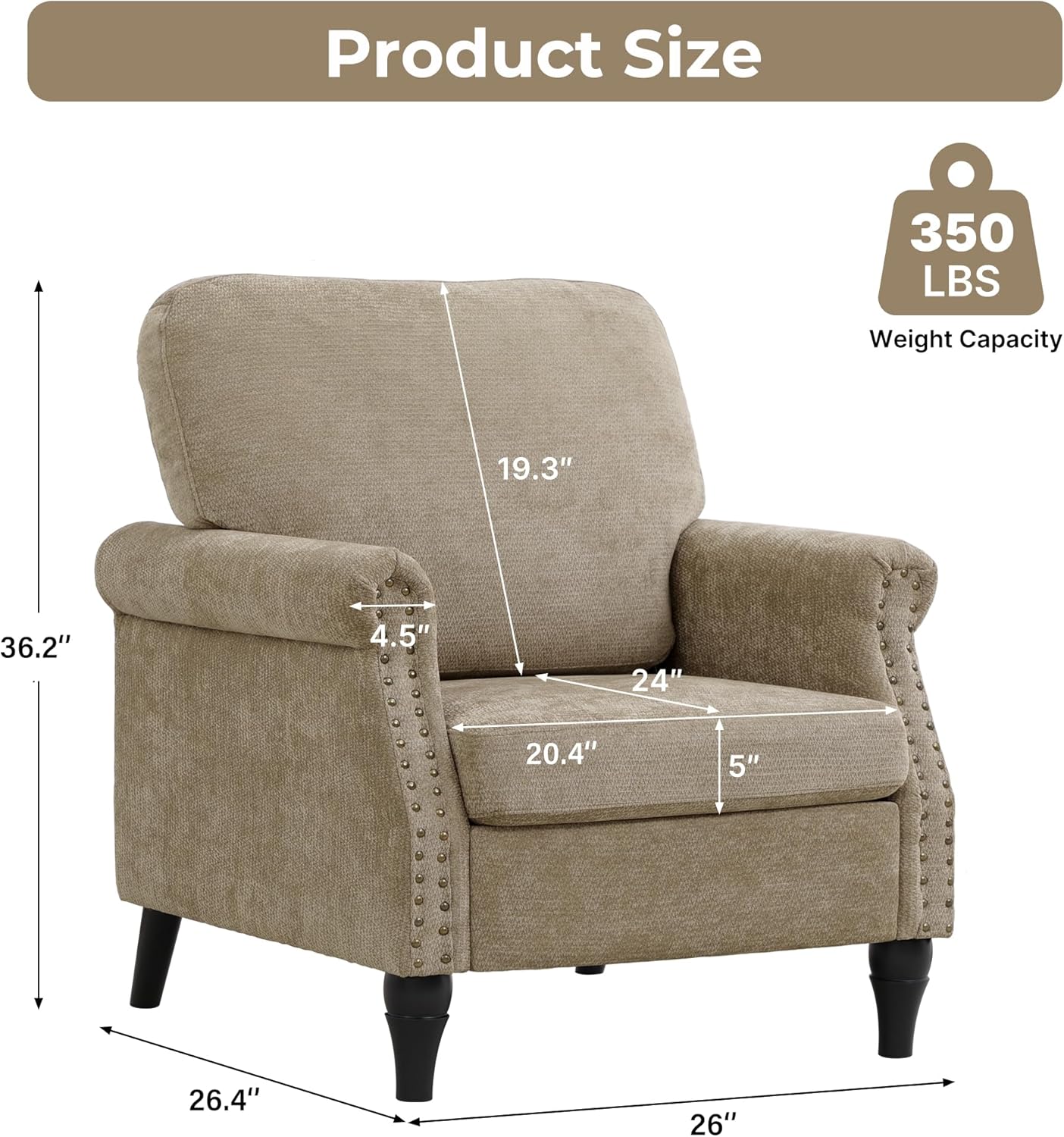 Accent Chair for Living Room, Modern Mid Century Reading Chair Armchair High Back Upholstered Armchair with Wooden Legs for Living Room Bedroom Office (Brown, 2PCS)