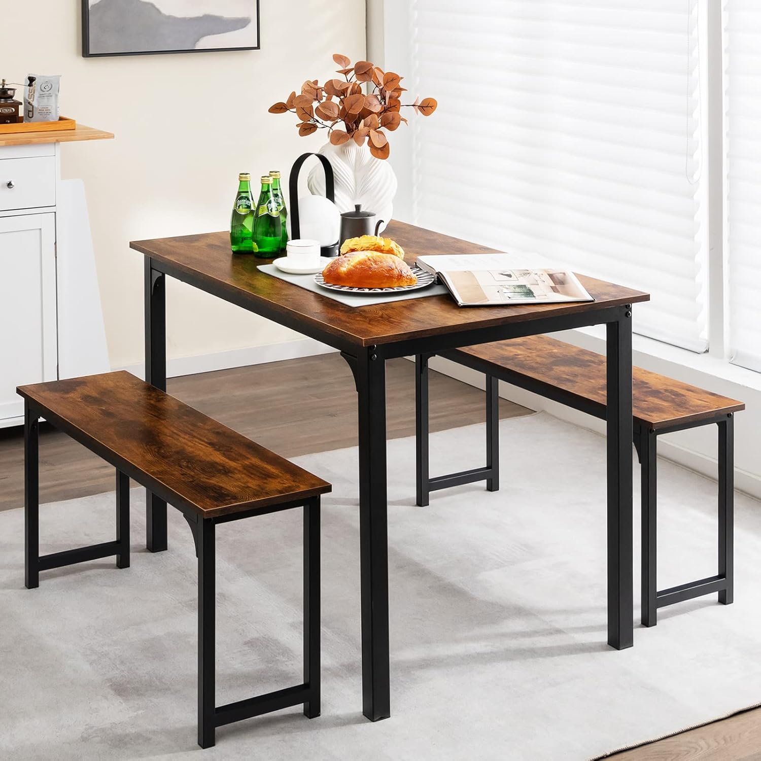 Giantex Dining Table Set for 4, Industrial Kitchen Table Set w/ 2 Benches, Space-Saving Dinette Set for Breakfast Nook, Dining Room, Kitchen, Easy Assembly (Mix Brown)