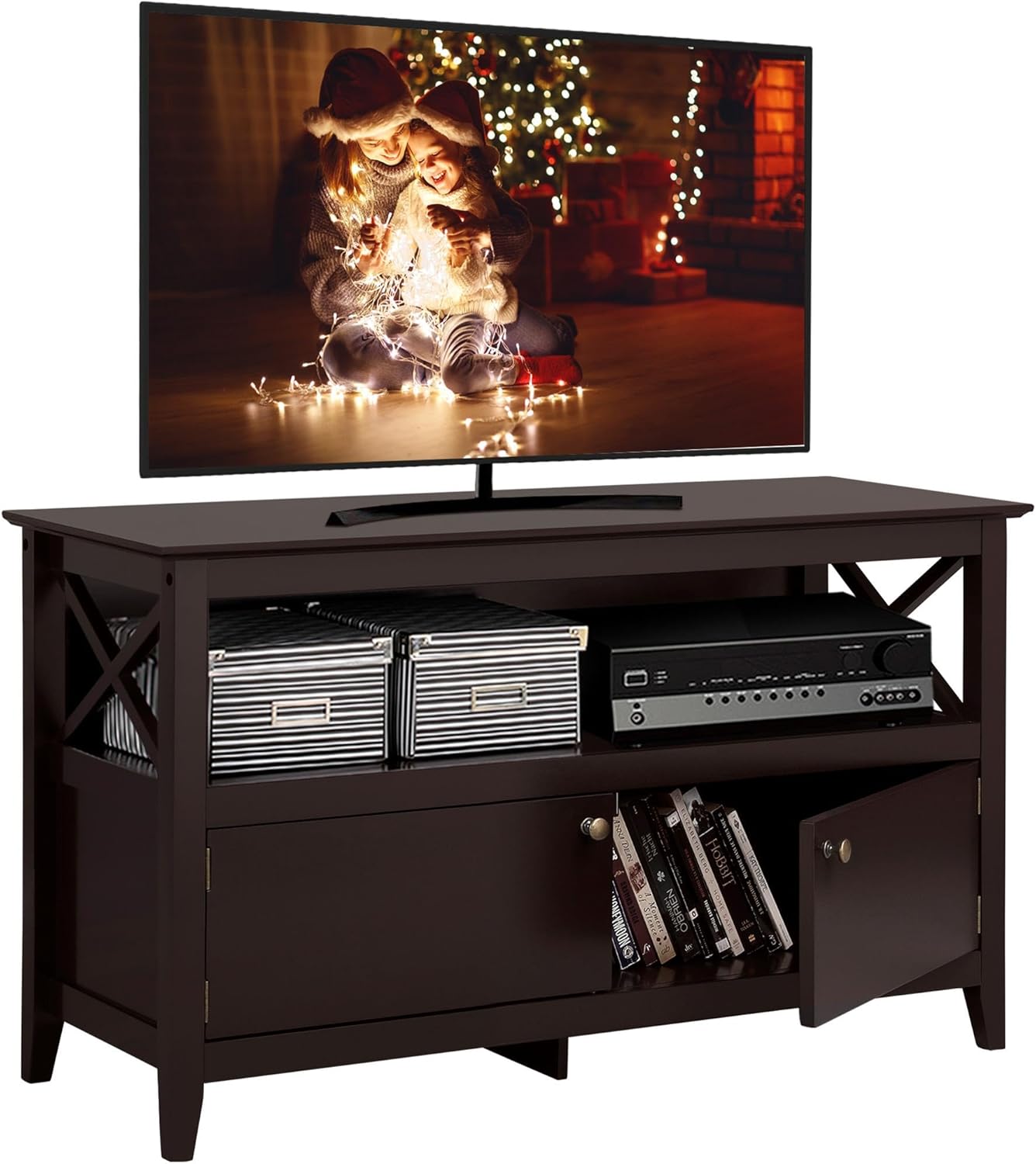 Yaheetech Wooden TV Stand for TVs Up to 48 inch, Media Entertainment Center Table, TV Cabinet Table with Storage Open Shelf & 2 Doors for Living Room, Espresso