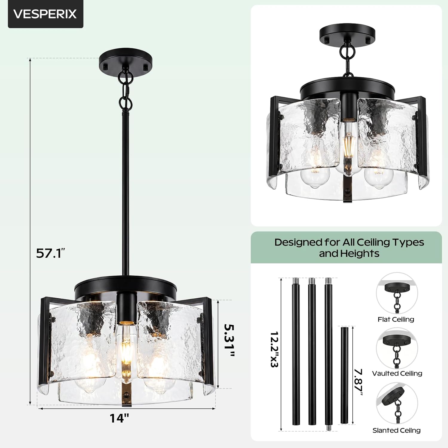 Black Chandelier for Dining Room, 14 Inch 3-Light 2-in-1 Convertible Pendant and Flush Mount with Drum Textured Glass, Modern Farmhouse Light Fixture for Kitchen Island, Entryway, Foyer, Living Room