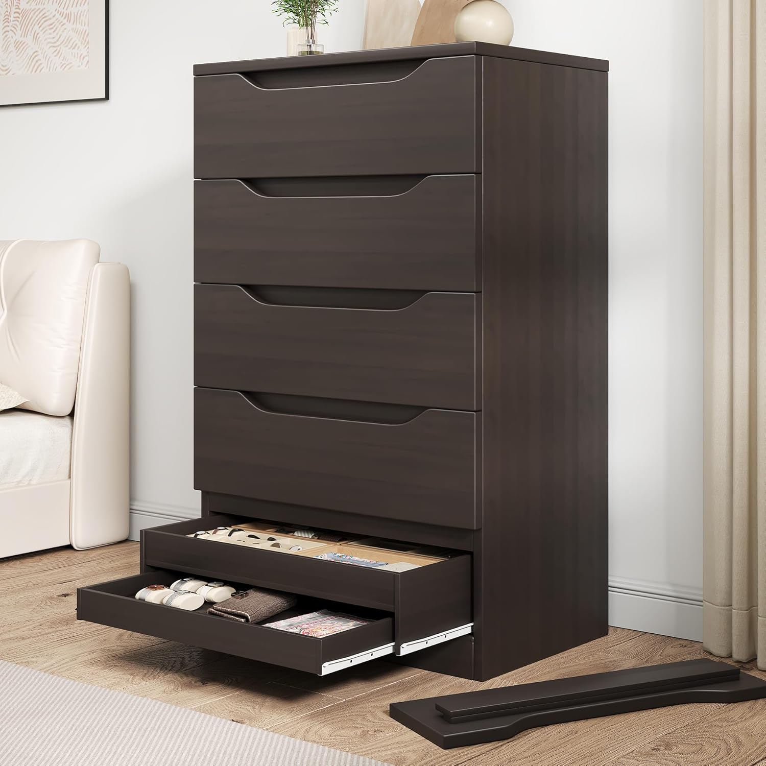 Brown Tall 5 Drawer Dresser for Bedroom with Hidden Storage Design, Large Modern Closet Dressers & Chests of Drawers with Cut-Out Handles, 27.6
