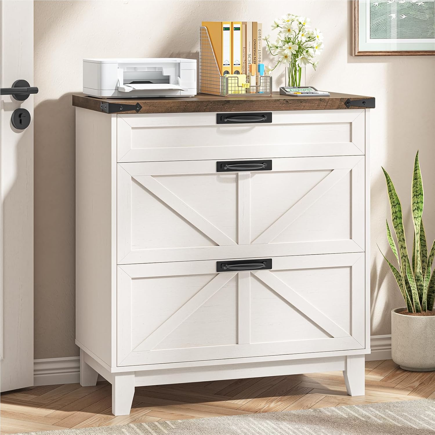 Vabches Lateral File Cabinet with 3 Drawers, Farmhouse File Cabinet for Legal/Letter/A4 Size Hanging Files, Large Wood Printer Stand Home Office, Rustic White