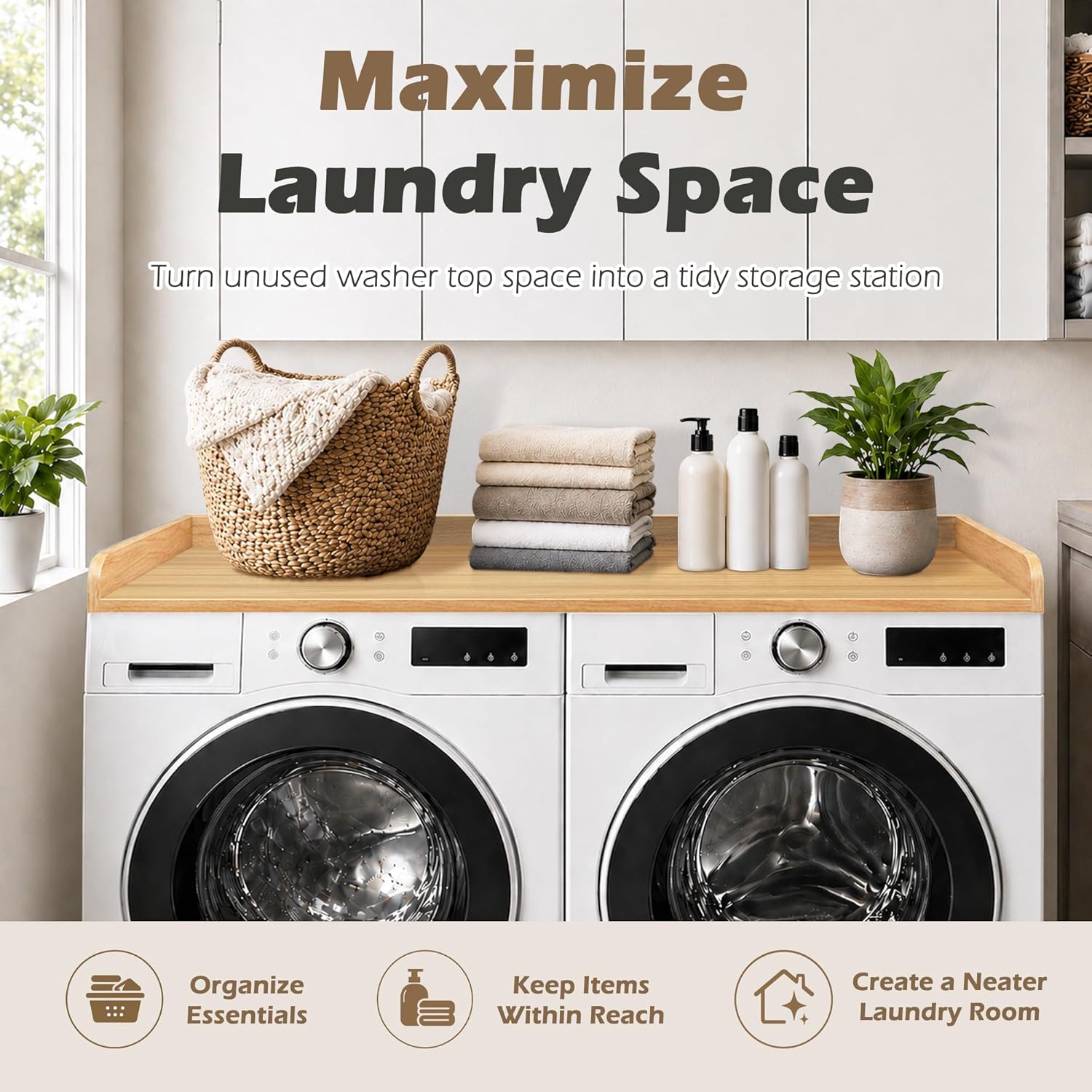 Royxen Washer Dryer Countertop with Solid Wood Core,54“W x 27.5D Laundry Countertop with Edge Rails,Washer and Dryer Topper for Laundry Room Organization (Oak)