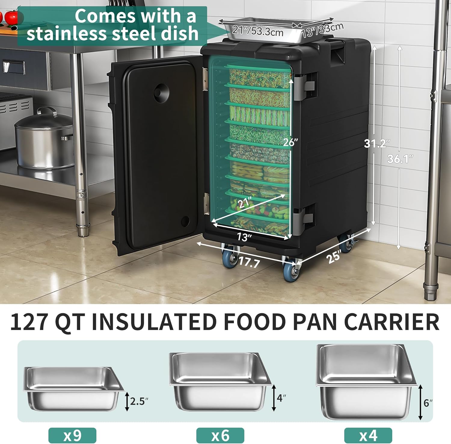 YITAHOME Insulated Food Pan Carrier, 127 Qt LLDPE Hot Box for Catering w/Stainless Steel Pan, Catering Food Warmer with Swivel Casters for 9 Full-Size Pans, Stackable Design for Restaurant Gathering