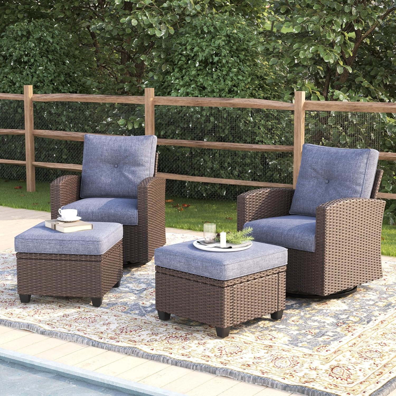 4 Pieces Patio Furniture Swivel Chairs Set, Outdoor Wicker Glider Rocking Chairs with Ottoman Set