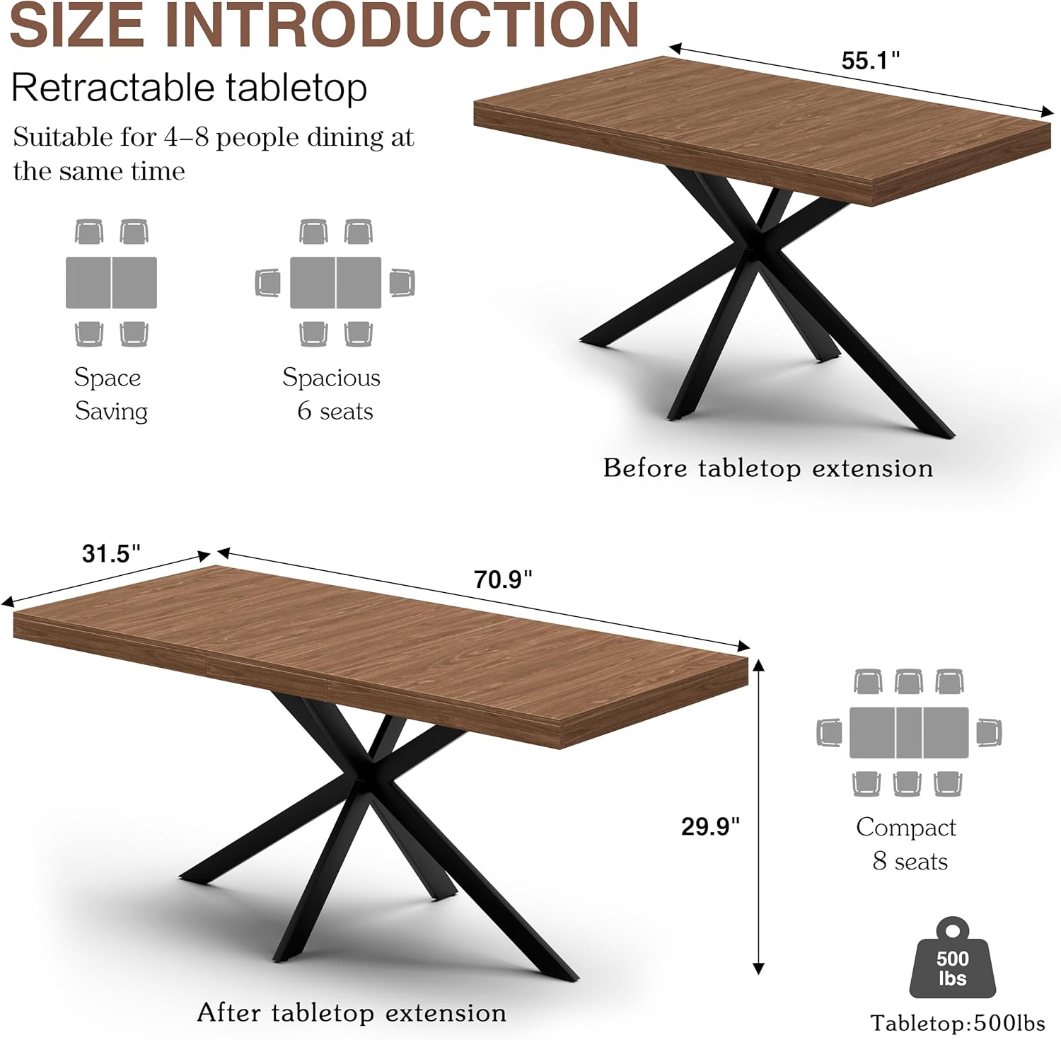 Extendable Dining Room Table for 4 6 8, 55