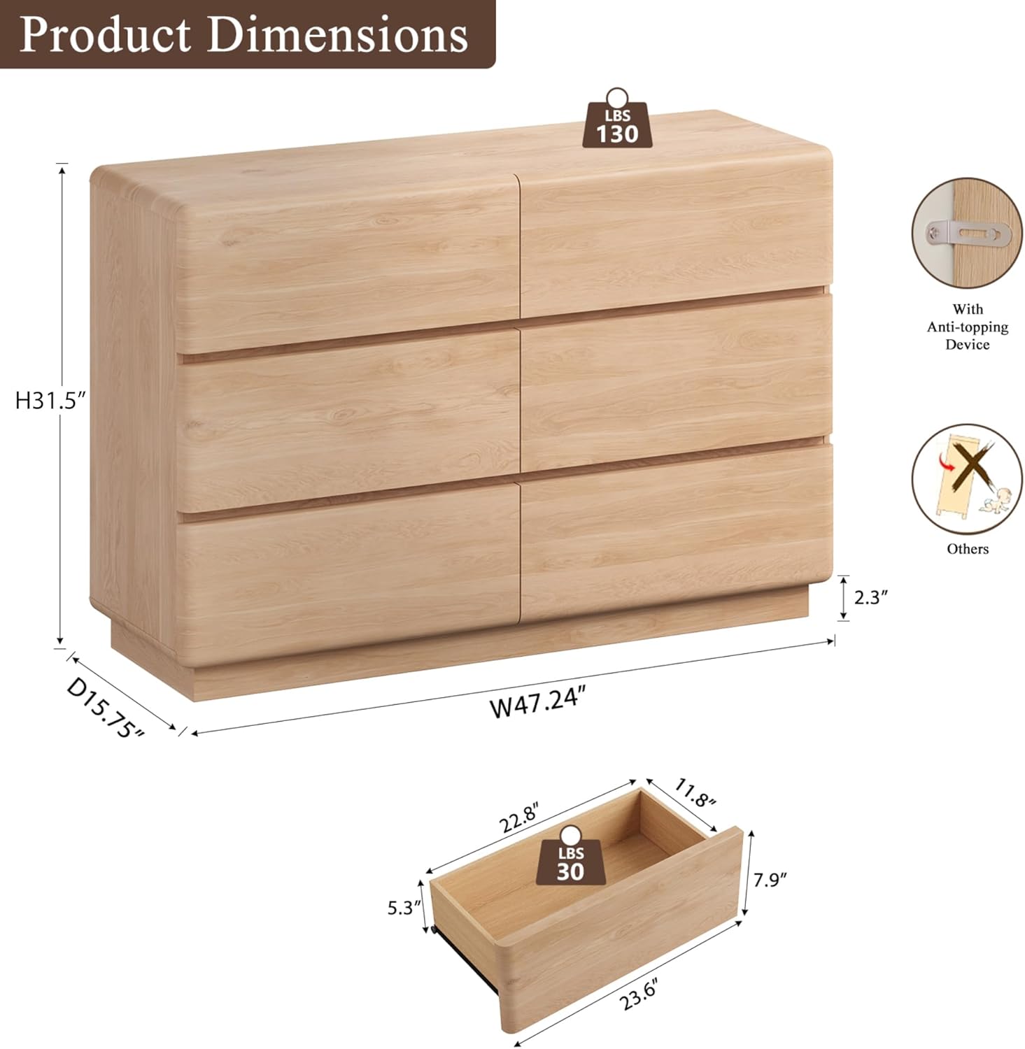 YANSNWO Natural Oak 6 Drawer Dresser for Bedroom, 47