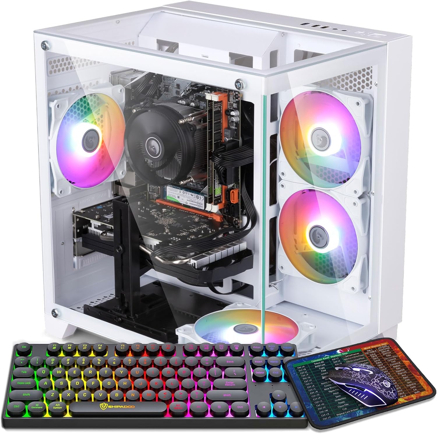 Gaming PC Desktop, Intel i7-4770, Radeon RX 550 4G, 16GB RAM, 512GB SSD, RGB Fans, White Prebuilt Gaming Computer with Keyboard & Mouse, Windows 11