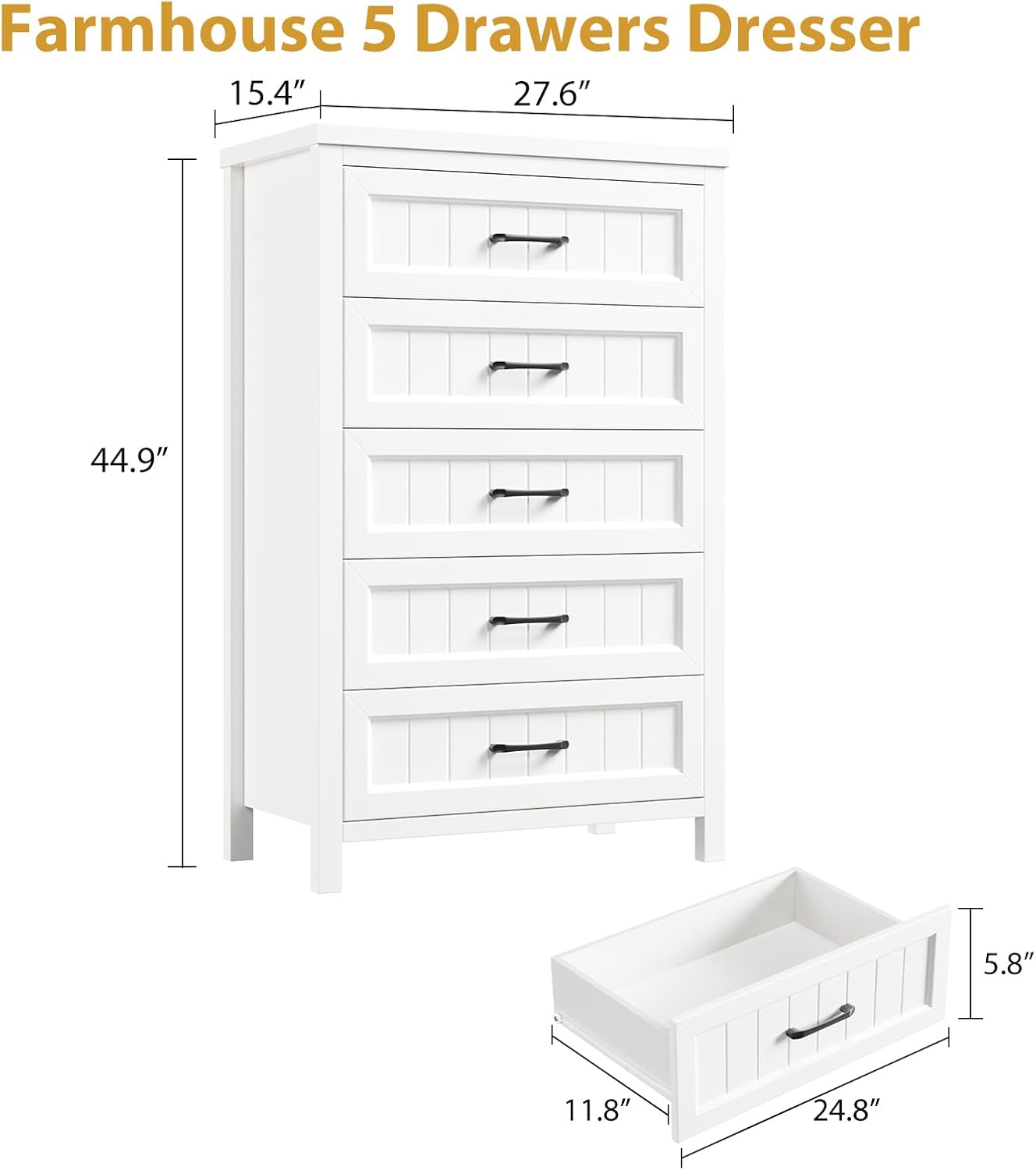 Jocoevol 5 Drawer Dresser for Bedroom - Farmhouse 44.9