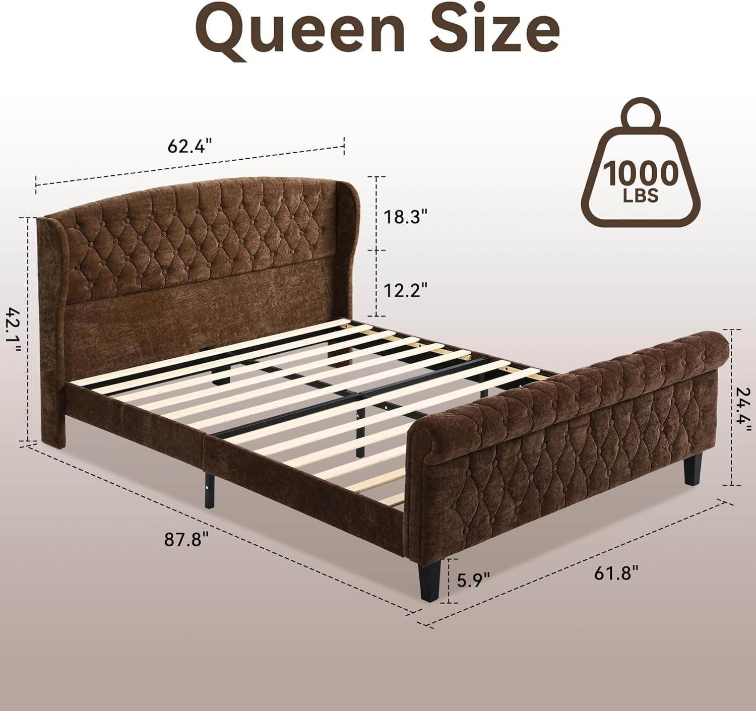 BedsPick Sleigh Queen Bed Frame with Wingback Headboard, Chenille Upholstered Bed Frame Queen Size with Button Tufted Scroll Footboard, Wood Slats Support/No Noise/Easy Assembly/No Box Spring Needed