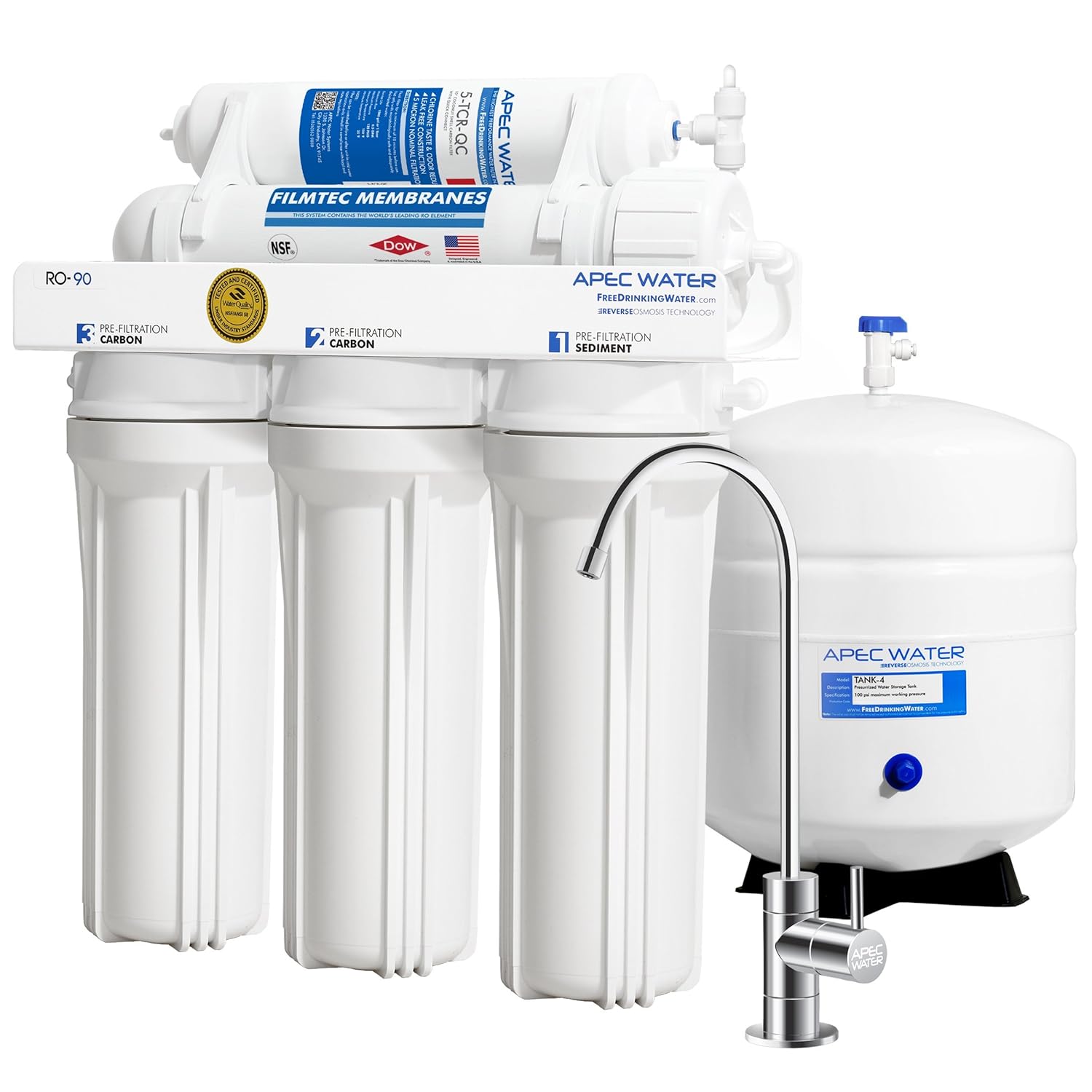 APEC Water Systems RO-90 Ultimate Series Top Tier Supreme Certified High Output 90 GPD Ultra Safe Reverse Osmosis Drinking Water Filter System, Chrome Faucet | ICEMAKER-KIT-38-14-RO-A Ice Maker Installation Kit