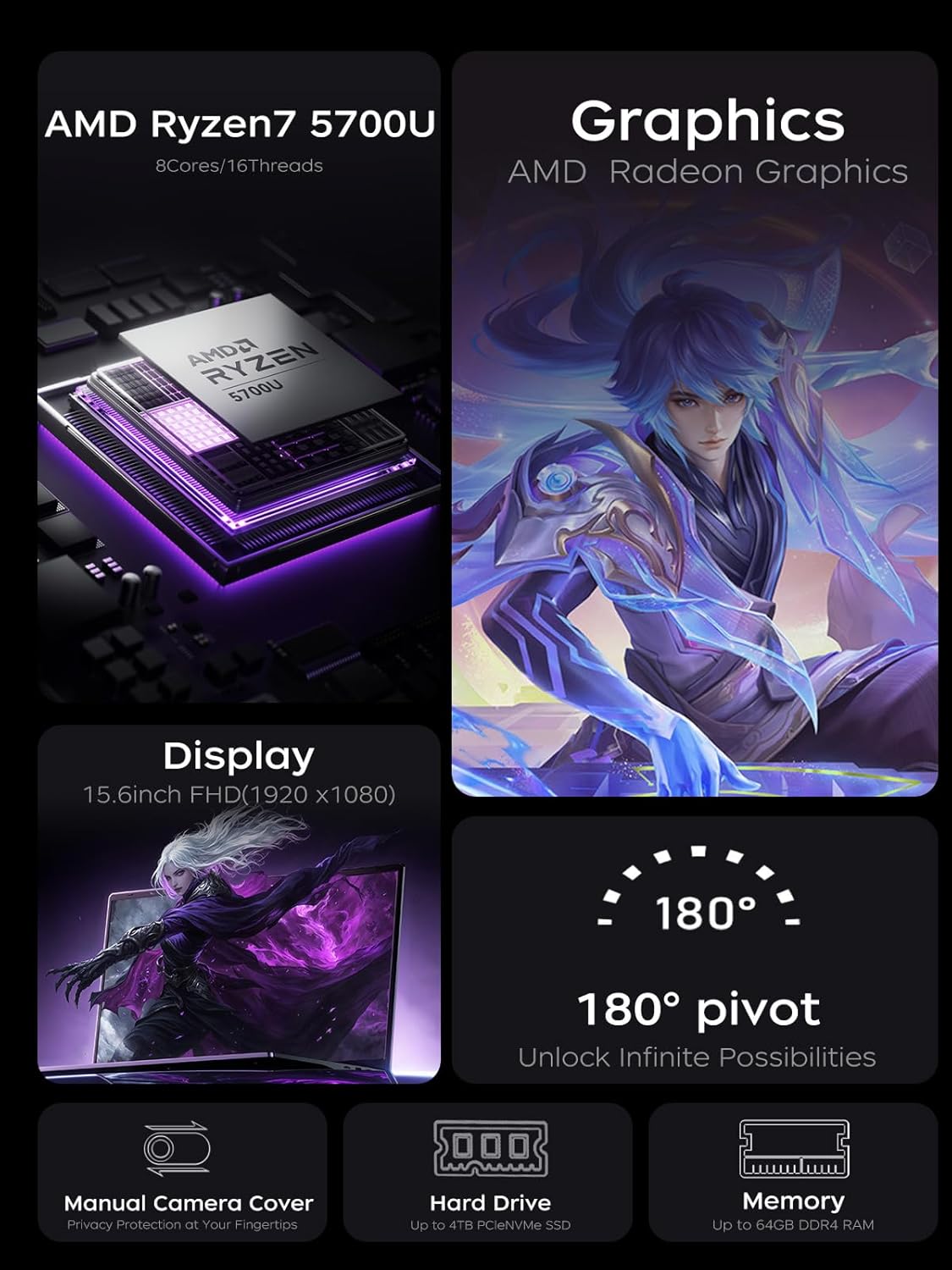 KAIGERR Gaming Laptop, 15.6inch Laptop Computer with AMD Ryzen 7 5700U(8C/16T, Up to 4.3GHz), 16GB RAM 512GB NVMe SSD Windows 11 Laptop, Radeon RX Vega 8 Graphics,WiFi 6
