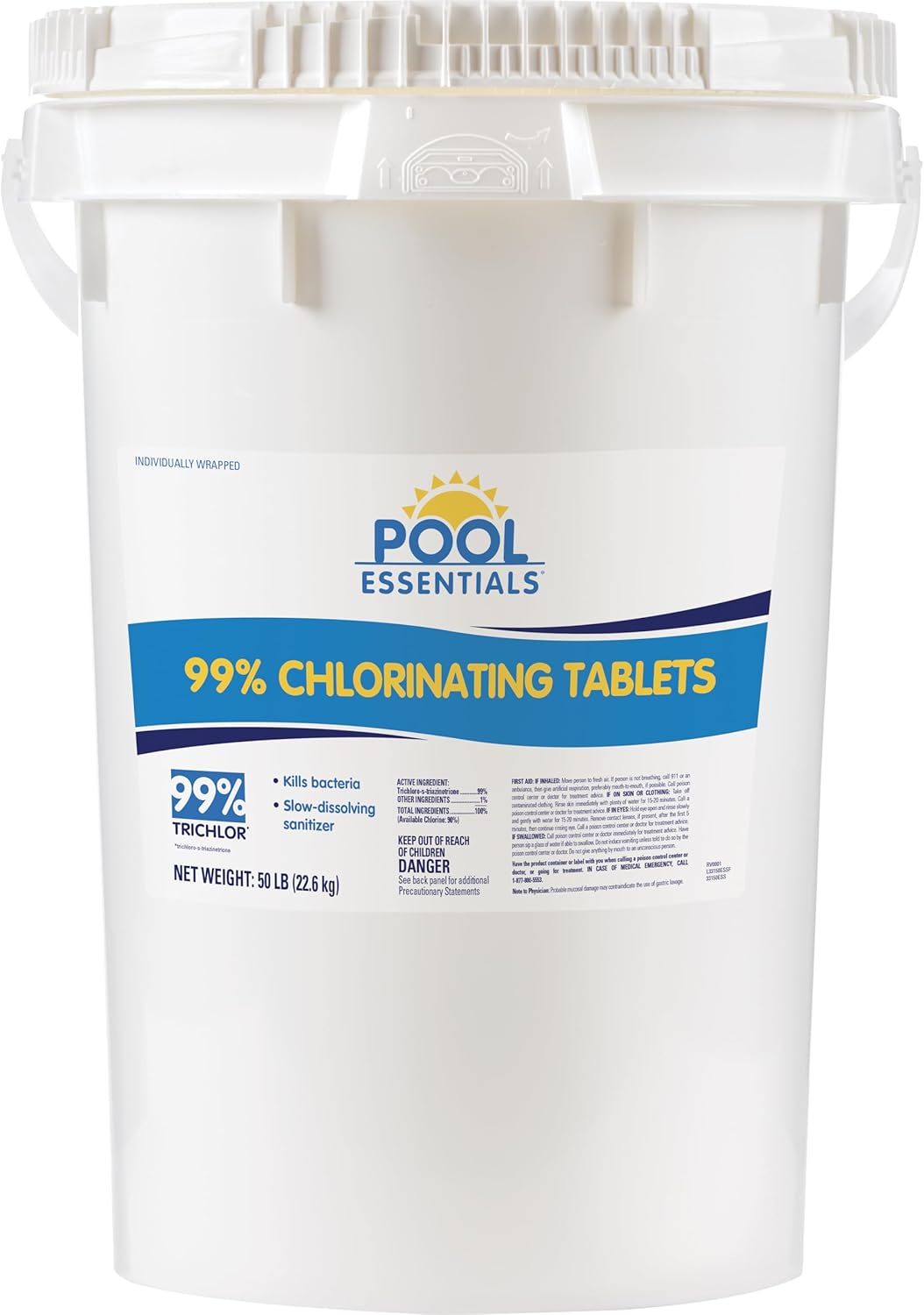 Pool Essentials® 99% 3 Inch Chlorine Tablets, Kills Bacteria, Long Lasting, Slow-Dissolving sanitizer, with 99% Trichlor, for Feeder, Skimmer or Floater - 50LB