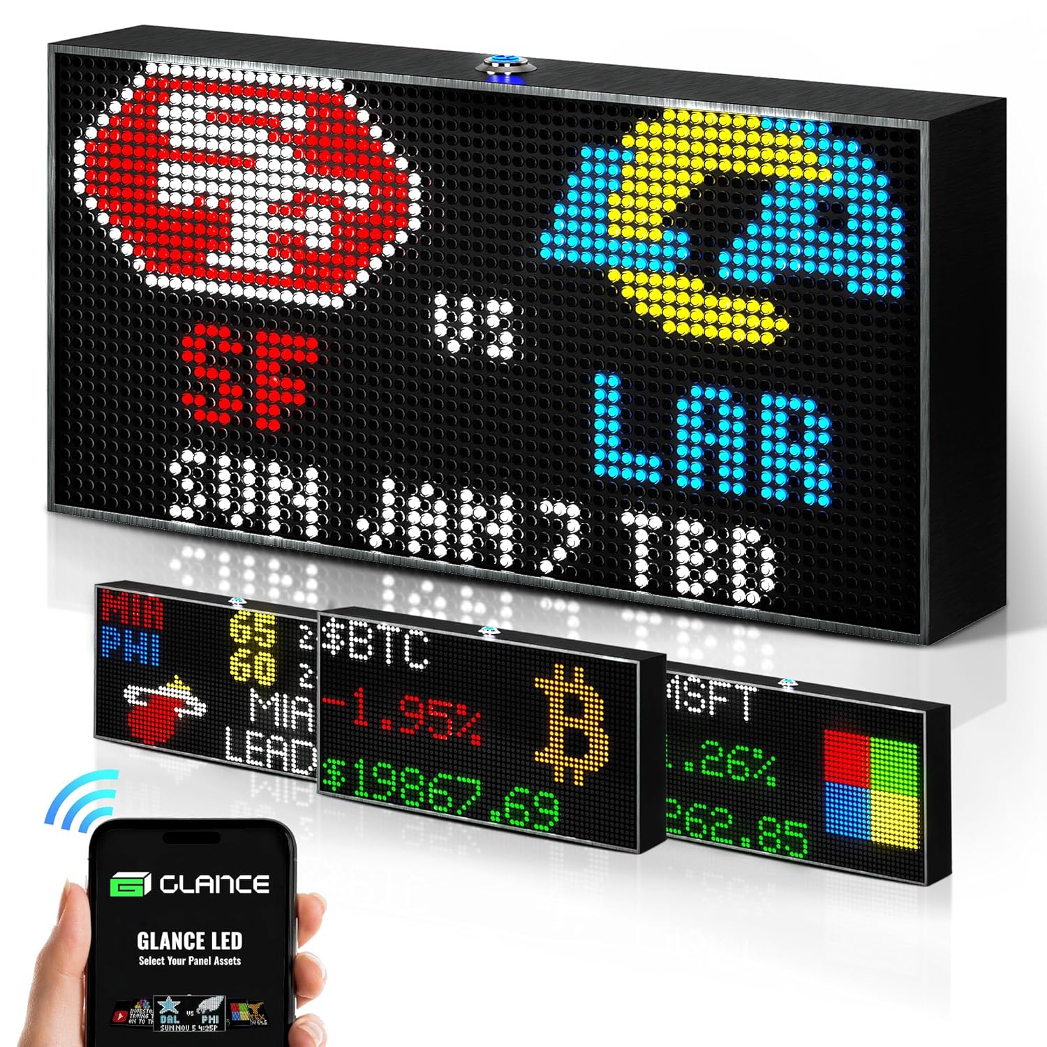 PANELFI Glance LED Ticker - Customizable LED Display Sports Ticker, LED Display for Man Cave, Stock Market Ticker Display, Sports Score Retro Smart Pixel Display, Weather Display - 8