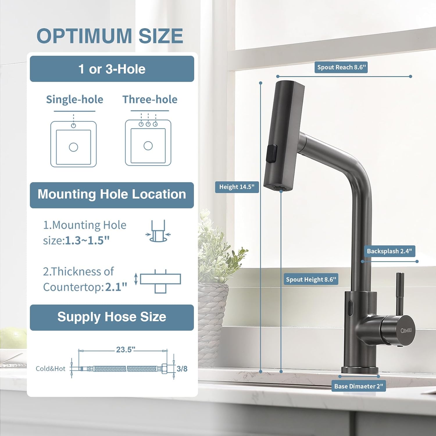 GIMILI Black Stainless Touchless Kitchen Faucet with Pull Down Sprayer, 15” Hight Single Hole Handle Kitchen Sink Faucets