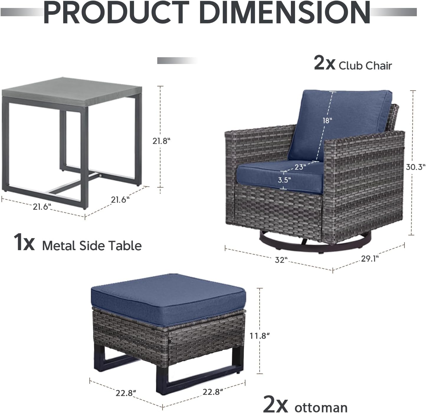 Outdoor Swivel Rocker Chairs - 5 Piece Patio Bistro Set Wicker Patio Rocking Chairs Set with Side Table and Ottomans, 360° Swivel Glider Proch Furniture for Balcony Deck - Grey/Blue