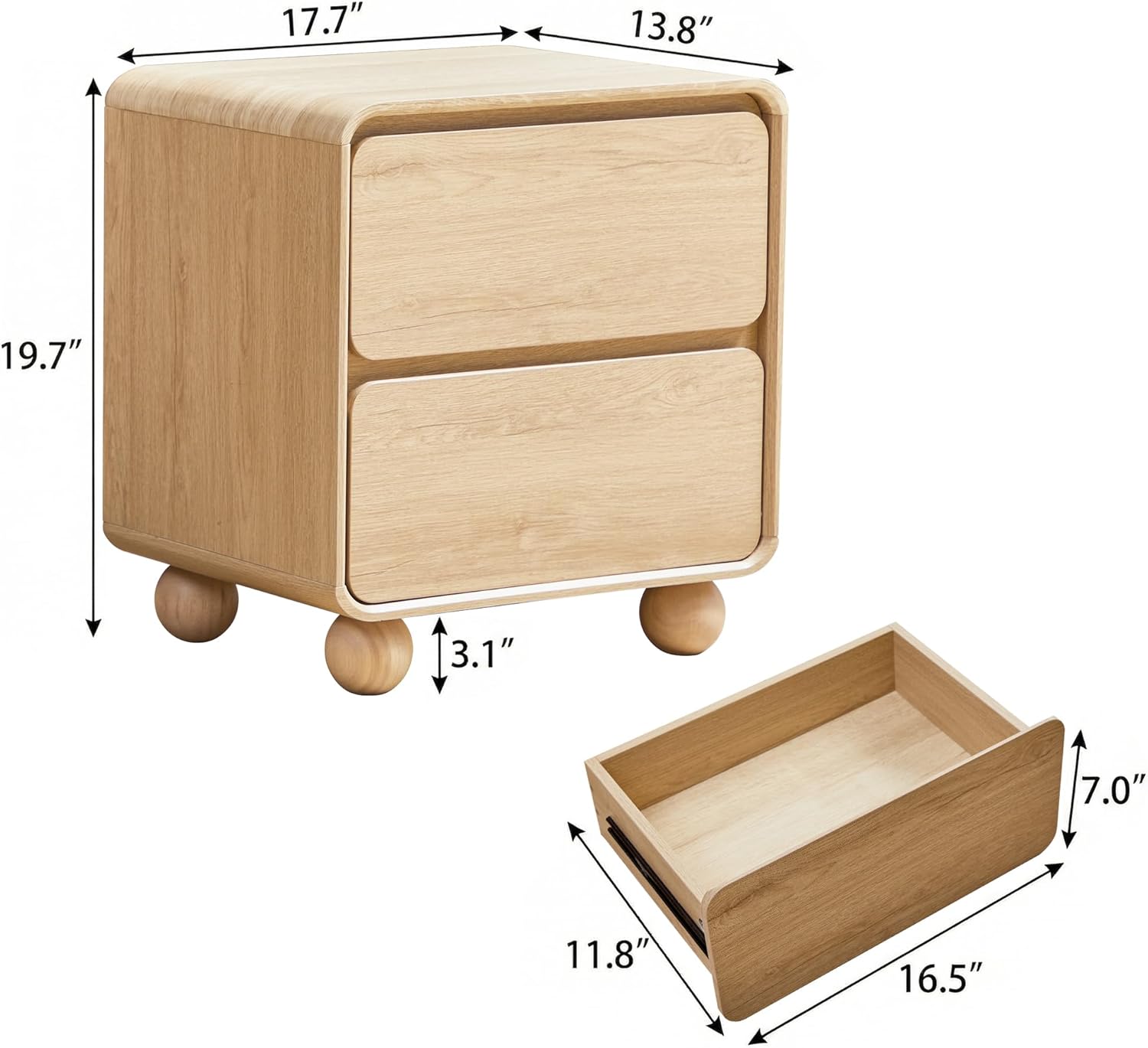 Small Night Stand Set of 2, Mid Century Modern Nightstands with 2 Drawers and Solid Wood Legs, 2 Drawer Dresser Curved Profile Design End Table Side Table for Small Space, Dorm, Bedroom(Natural)