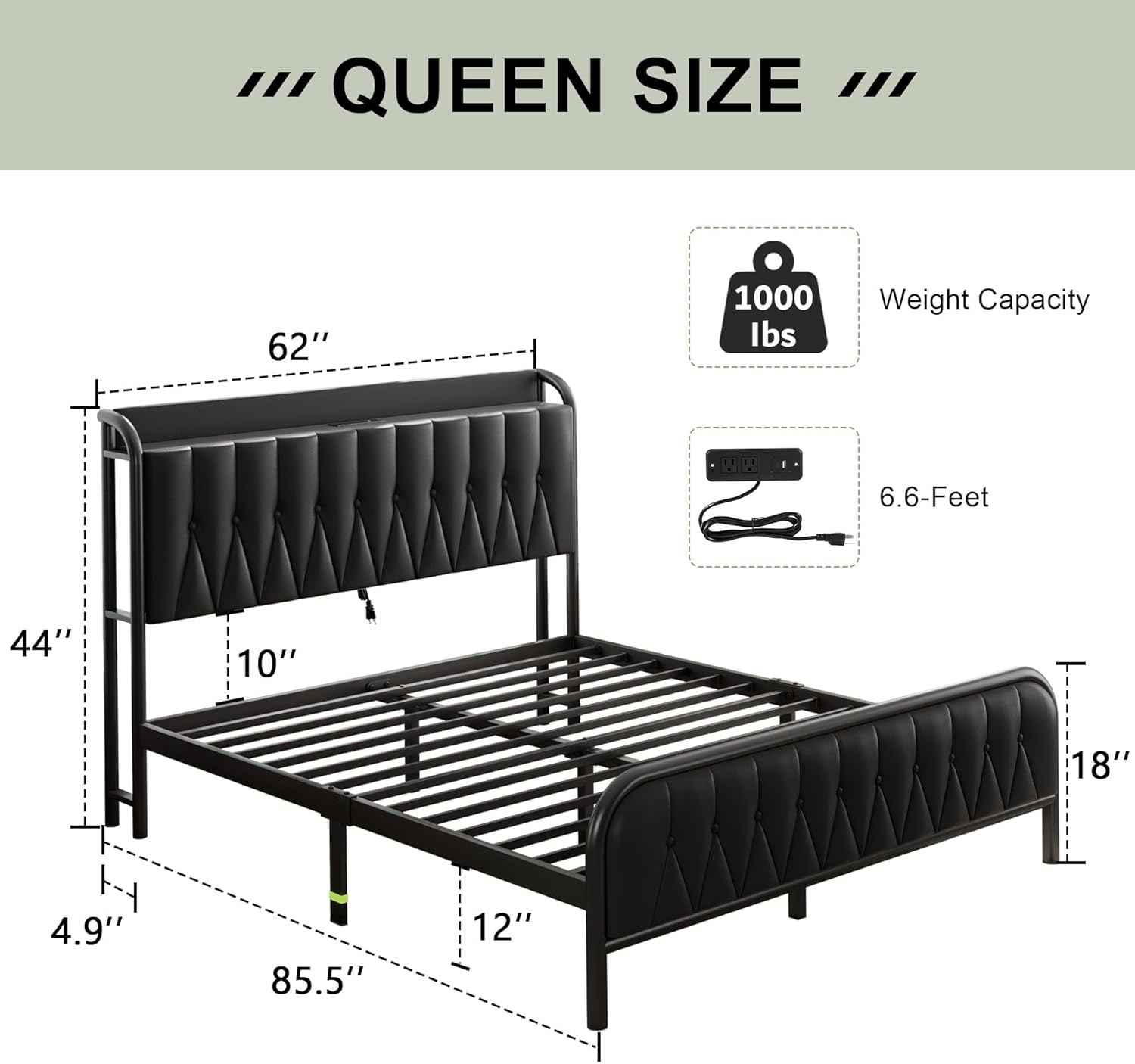 Queen Bed Frame with Fast Charging Station, Leather Queen Size Metal Platform Beds with Upholstered Headboard & Footboard,12