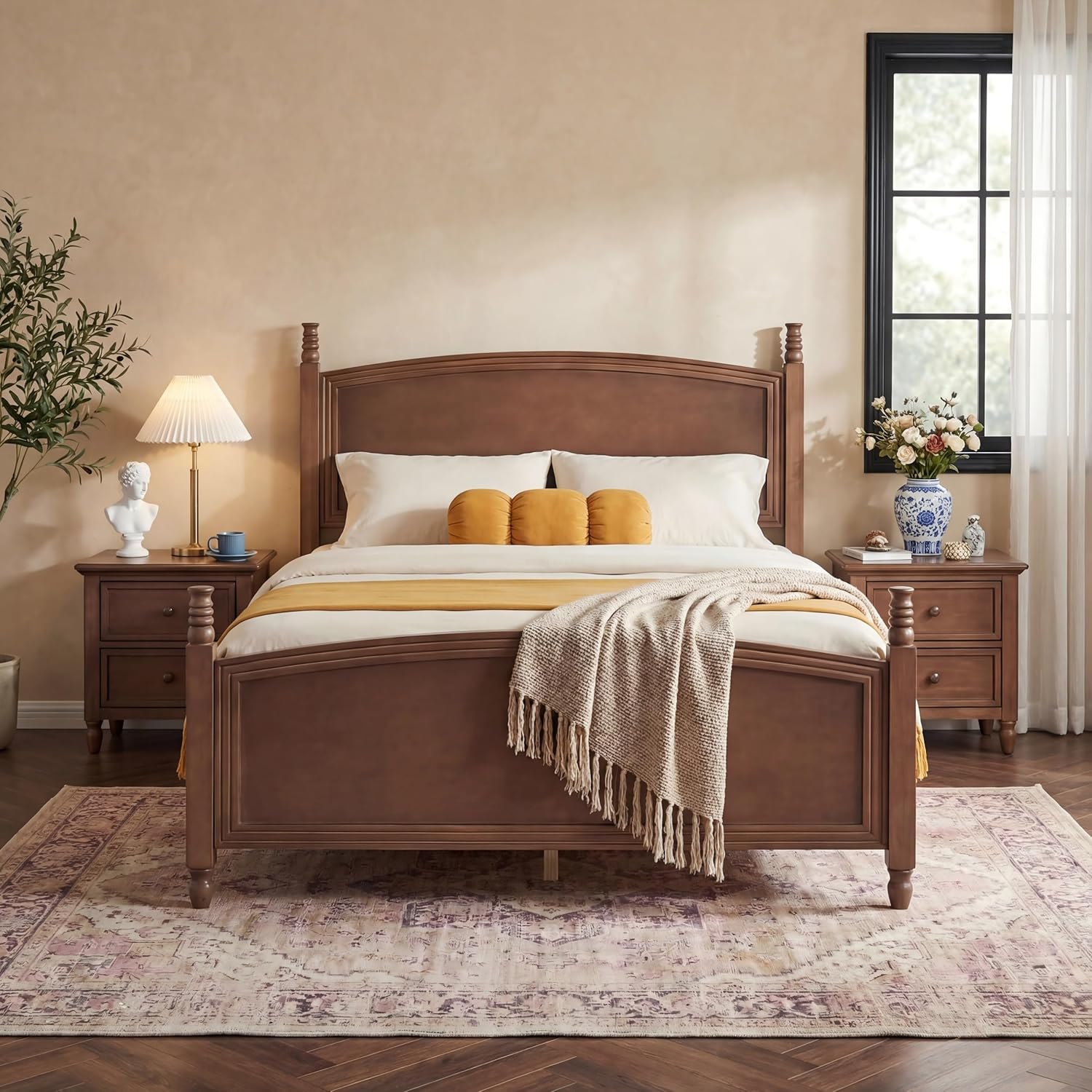 Christopher Knight Home Queen Bed Frame, Solid Wood Platform Bed Frame Queen Size with Curved Headboard & Footboard, Mid Century Modern Wood Bedframe with Slat Support, No Box Spring Needed, Walnut