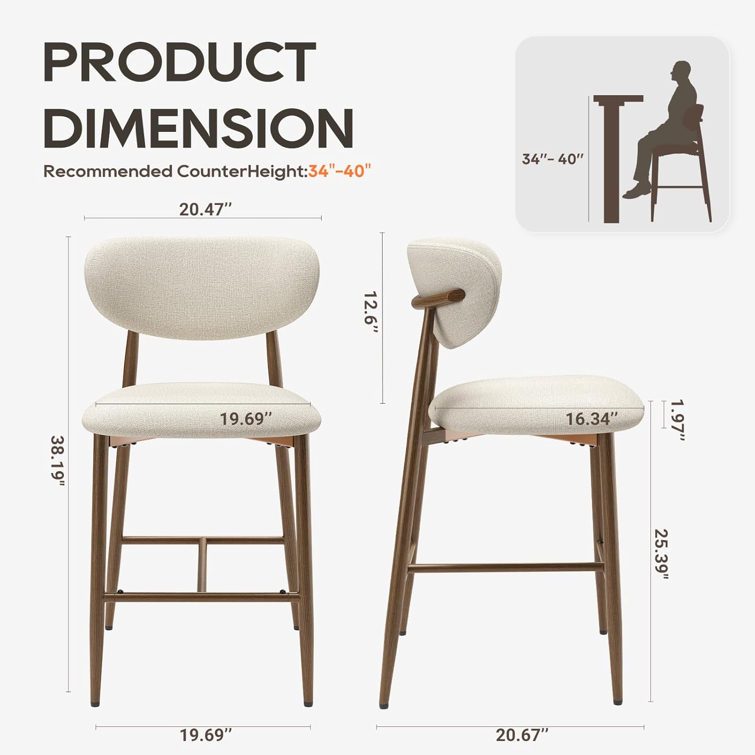 MALOL Bar Stools Set of 2, Counter Height bar stools, Kitchen Bar Stools with Backs, Modern Upholstered, Modern Bar Stools with Metal Legs for Kitchen Island, Counter, Beige