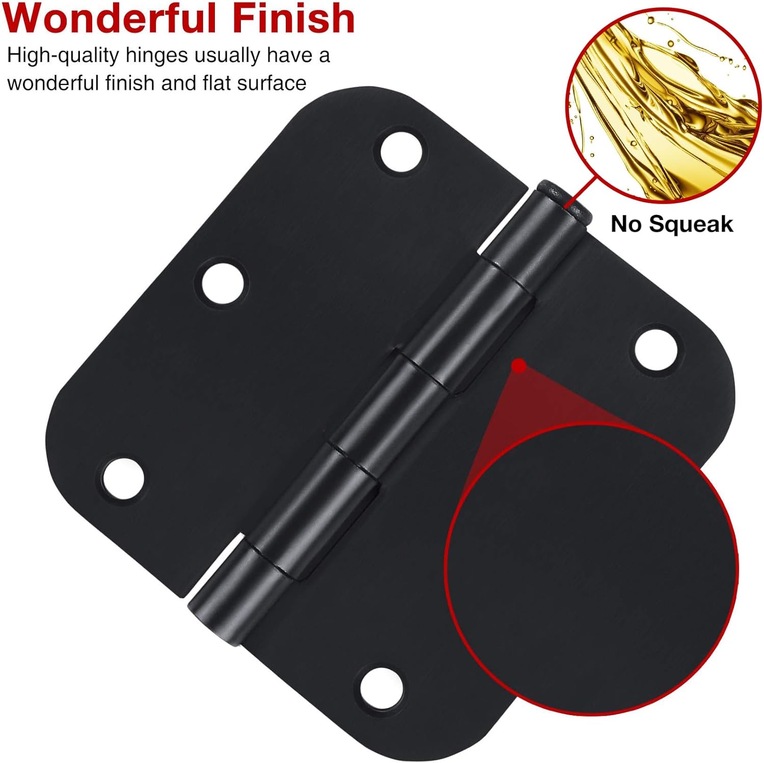 6 Pack Black Door Hinges - 3.5 x 3.5 Inch, Matte Black, 5/8 Inch Radius Corners, Standard Residential & Office Door Hardware
